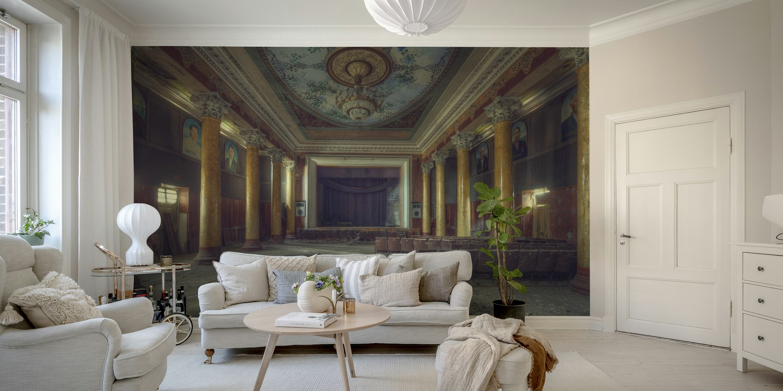 Vintage-style wall mural of an abandoned grand hall with ornate architectural details
