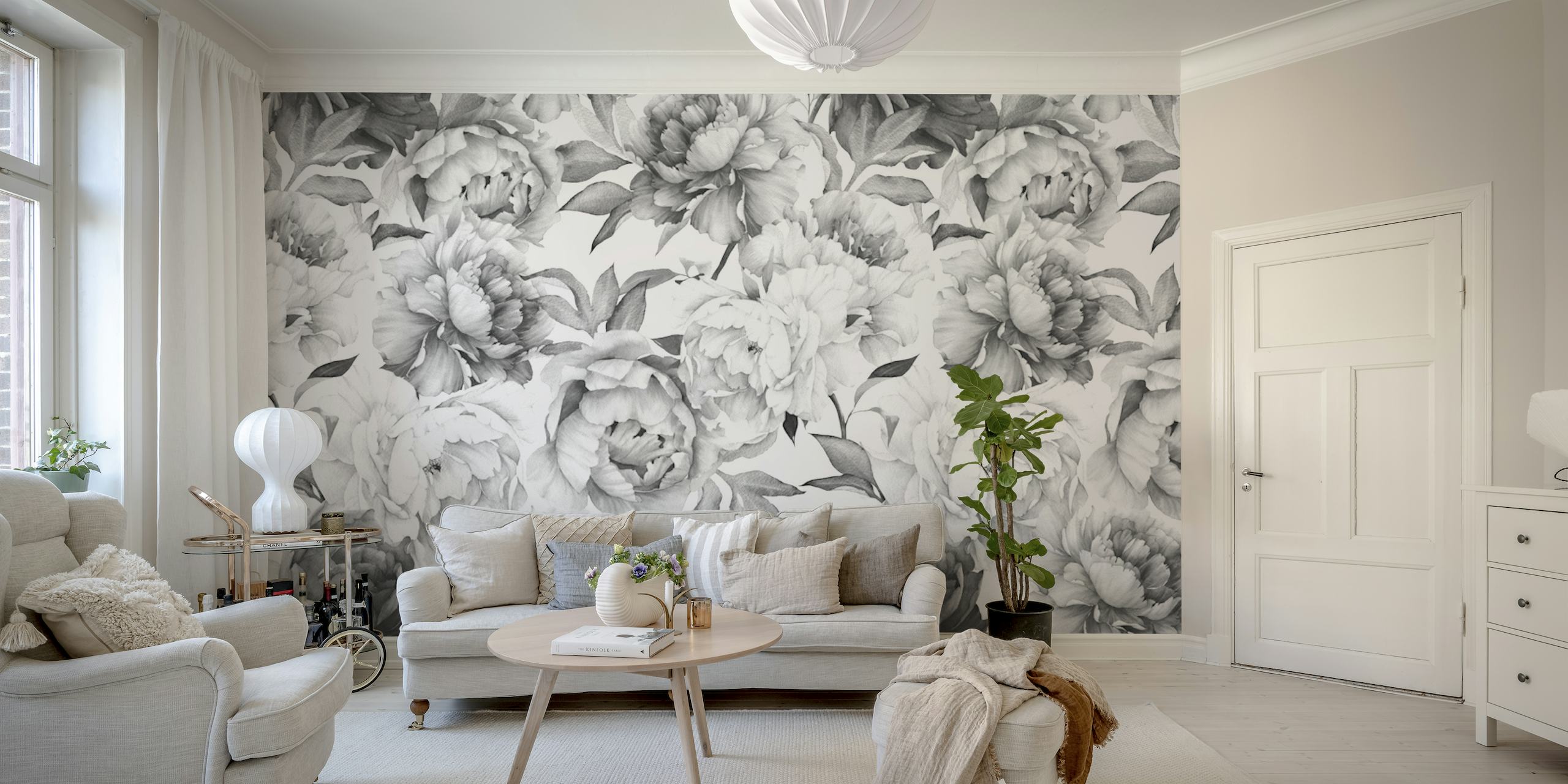 Black and white vintage floral wall mural design.