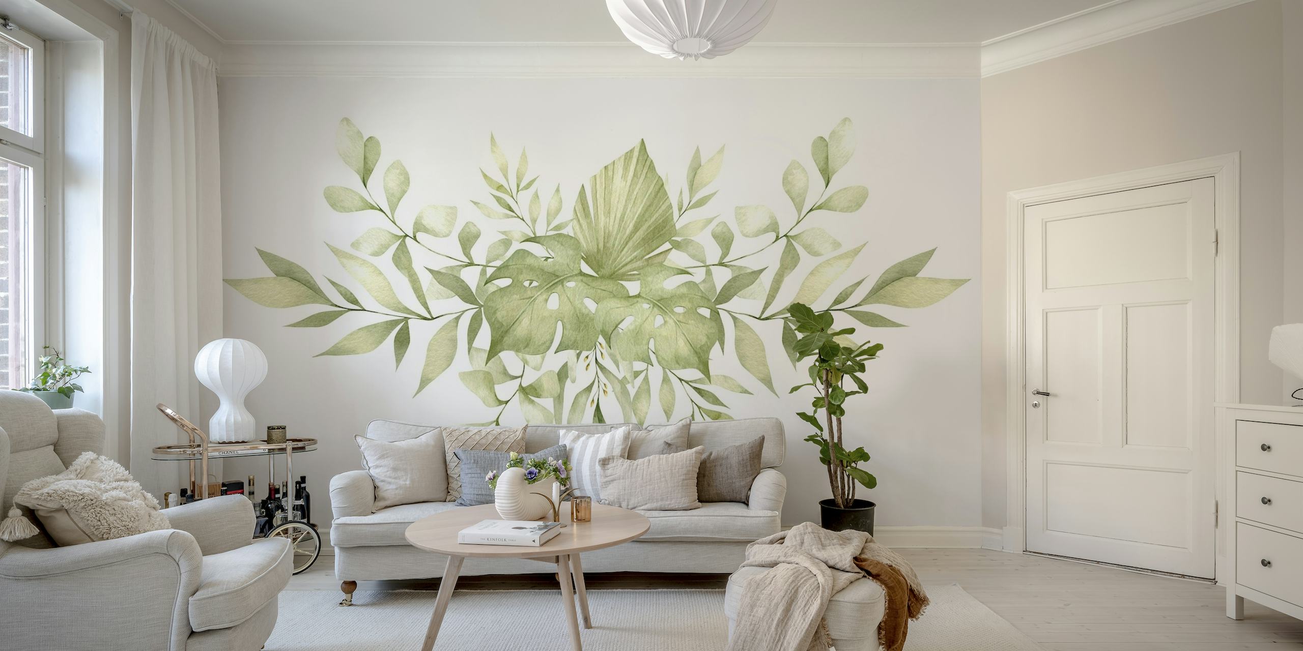 Green botanical wall mural featuring a symmetrical bouquet of leaves and foliage.