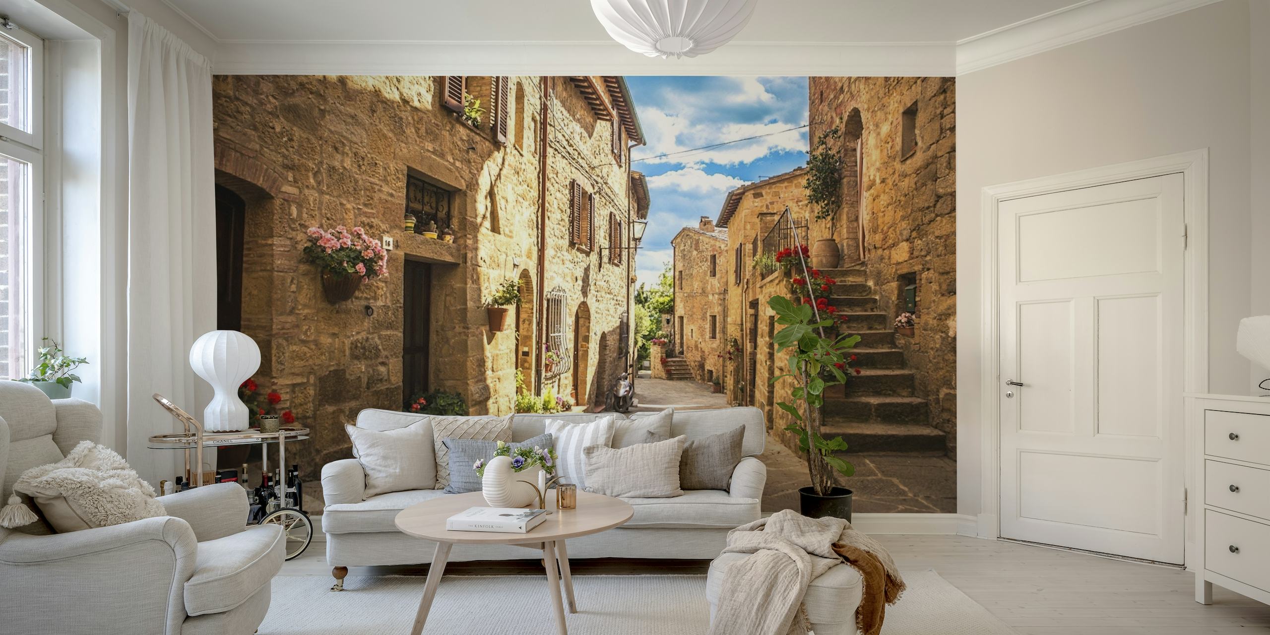 Italian alleyway wall mural with cobblestone path and traditional stone buildings