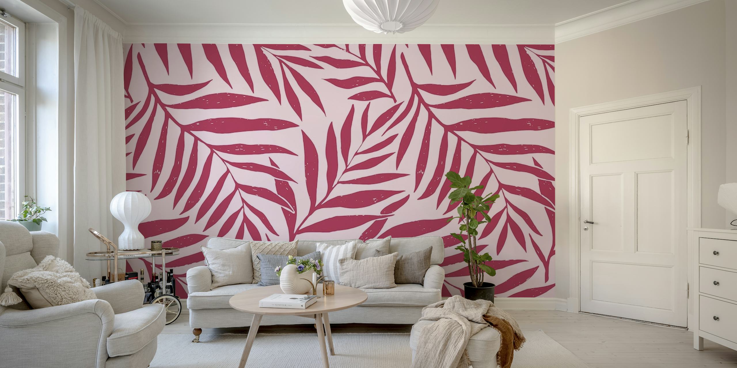 Folhas magenta estilizadas em um fotomural vinílico de parede com fundo rosa suave