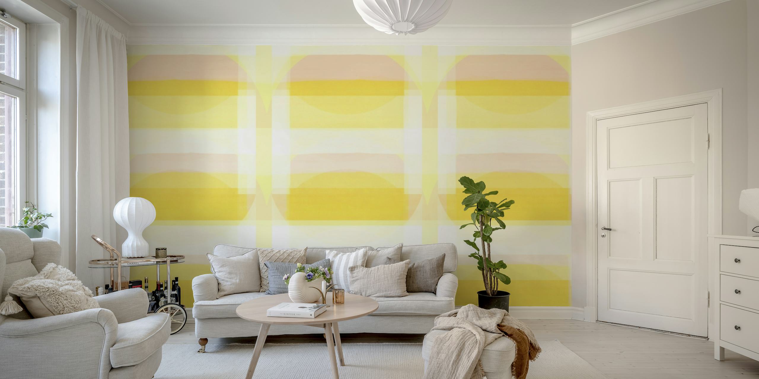 Aurinkoinen Bauhaus geometrinen kuviollinen seinämaalaus pastellinkeltaisena ja valkoisena
