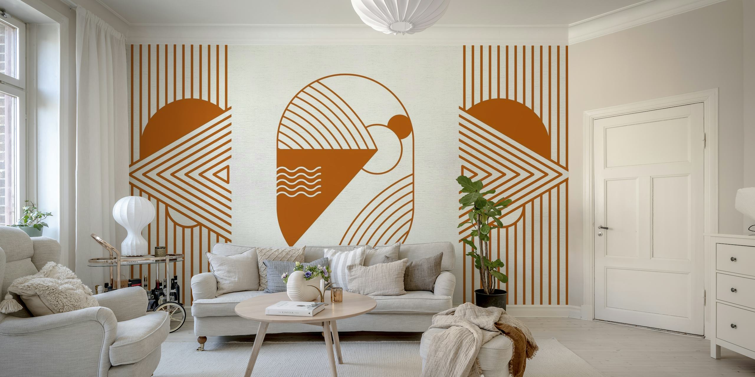 Retro-geïnspireerde kosmische droomverkenner muurschildering in oranje roesttinten met geometrische vormen en ruimtemotieven.
