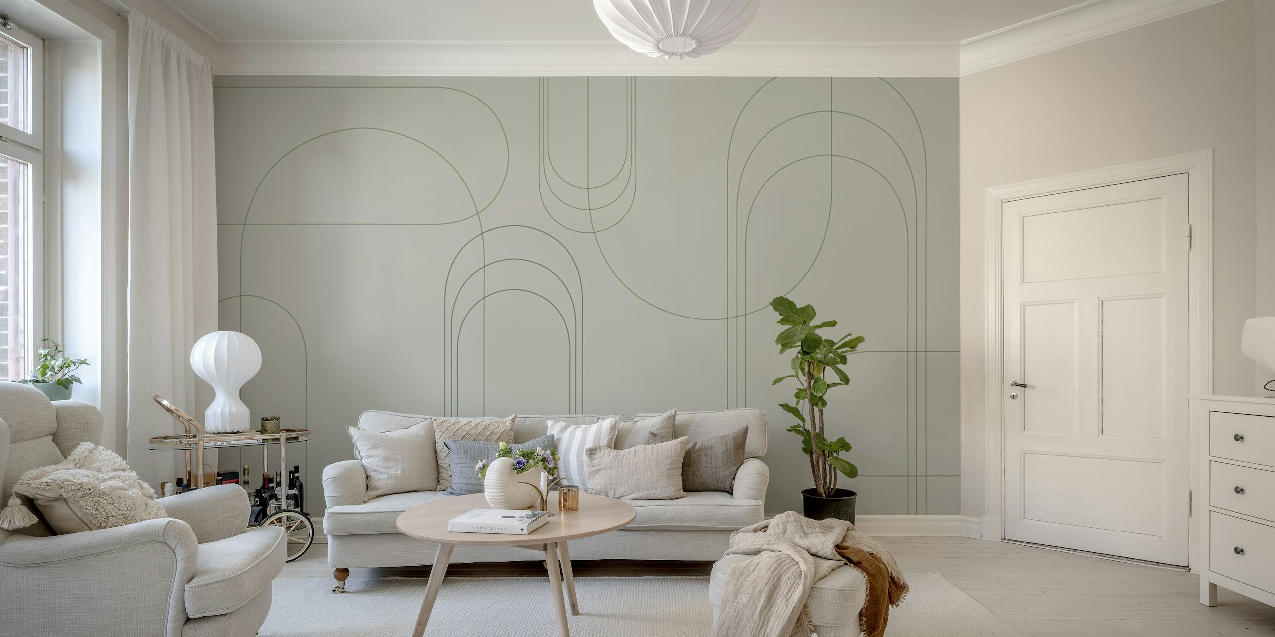 Minimalist abstract arches in soft evergreen tones wall mural
