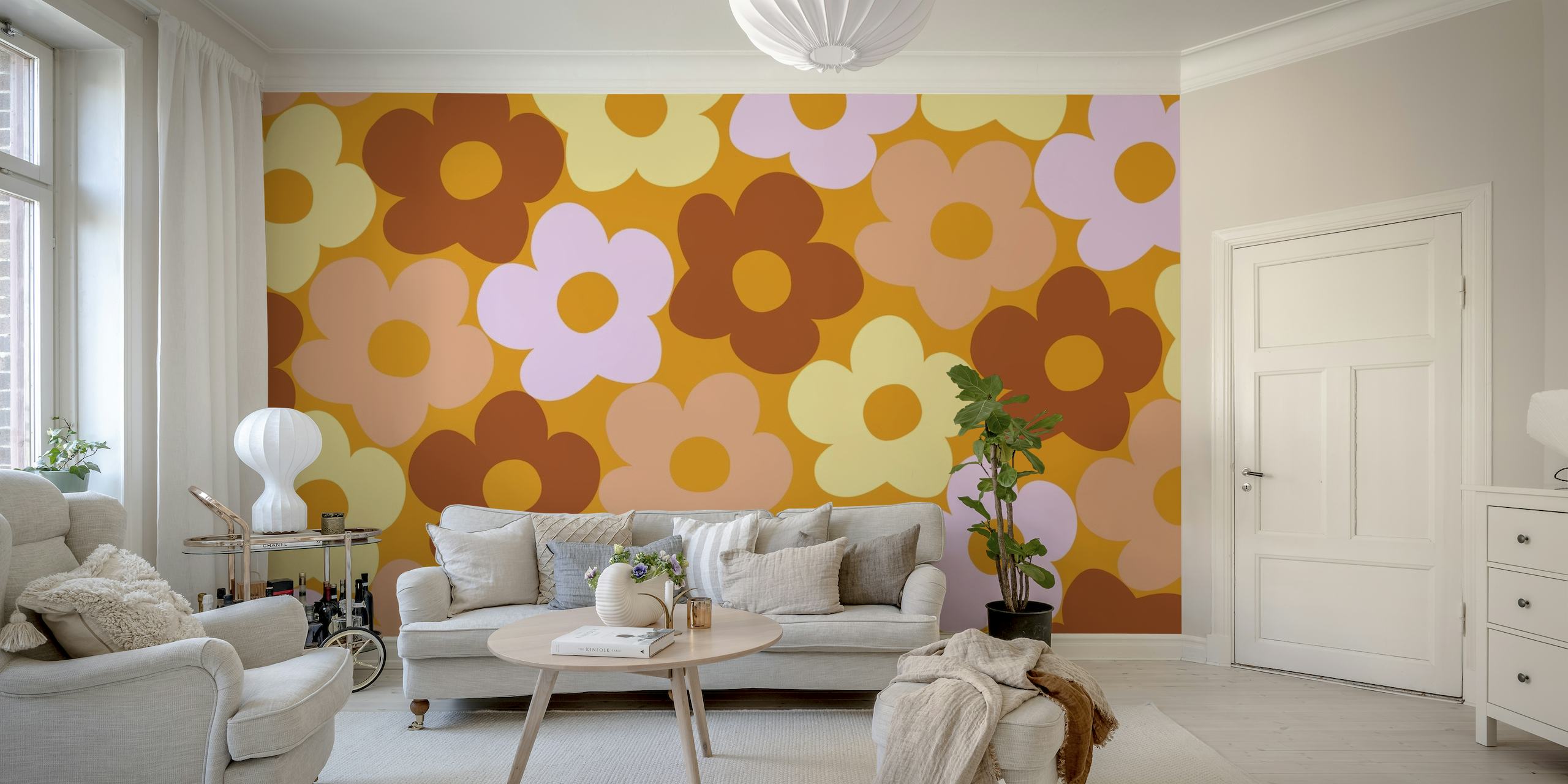 Retro-inspired wall mural with a pattern of fall daisies in warm hues on happywall.com