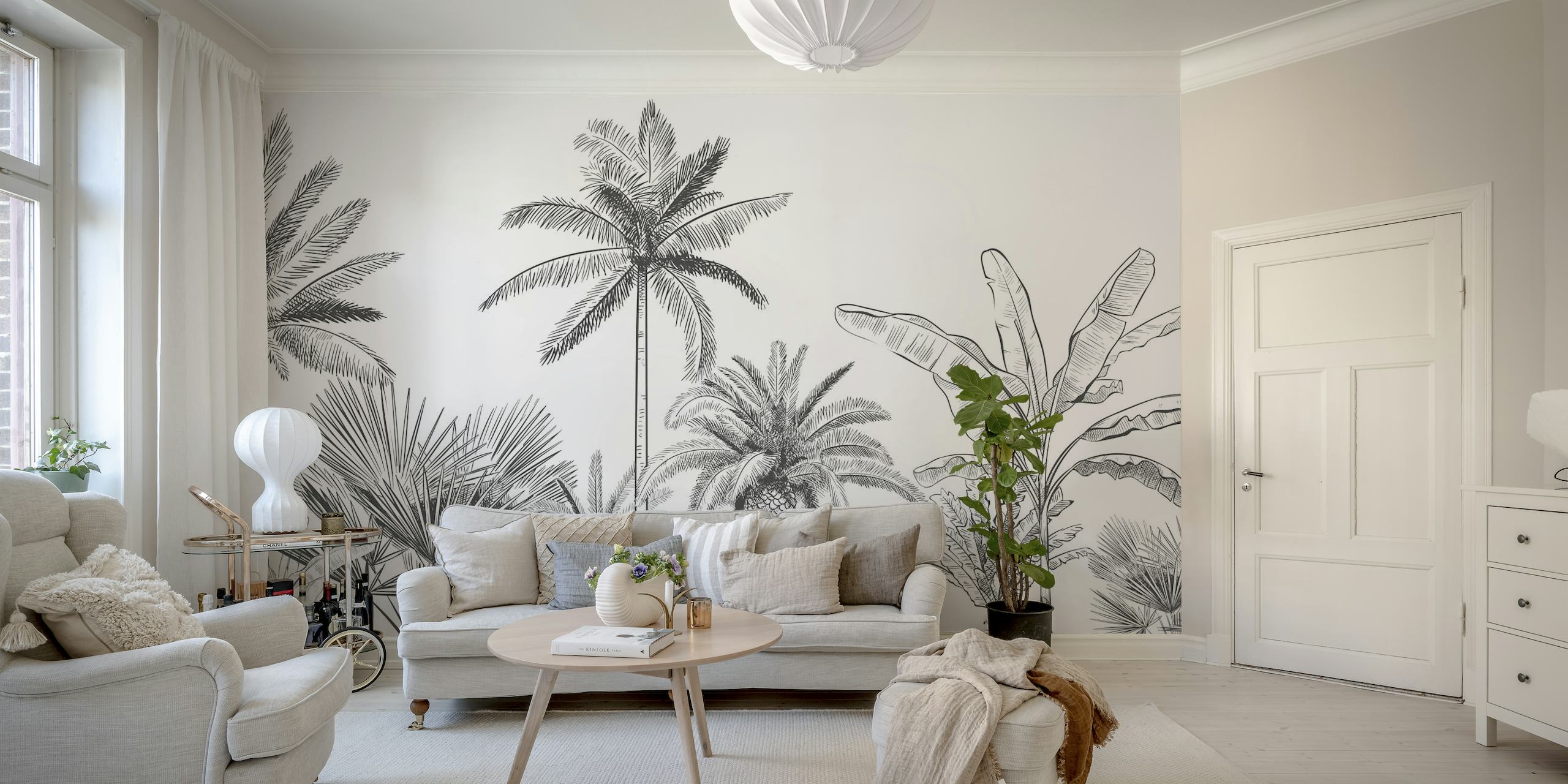 Monochrome palmbomen muurschildering in schetsstijl