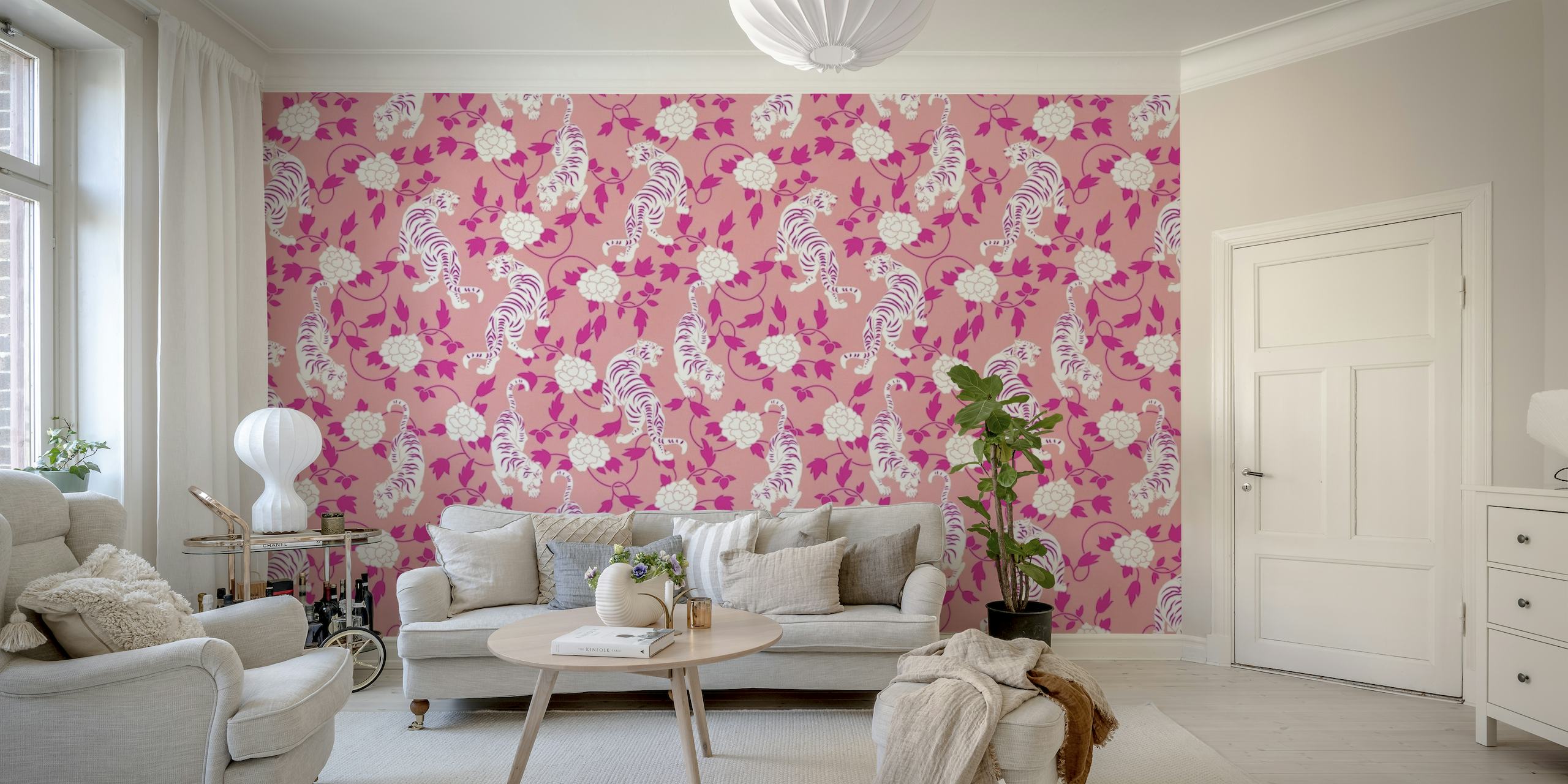 Chinese Tigers and Flowers in Blush and Magenta Hot Pink wallpaper