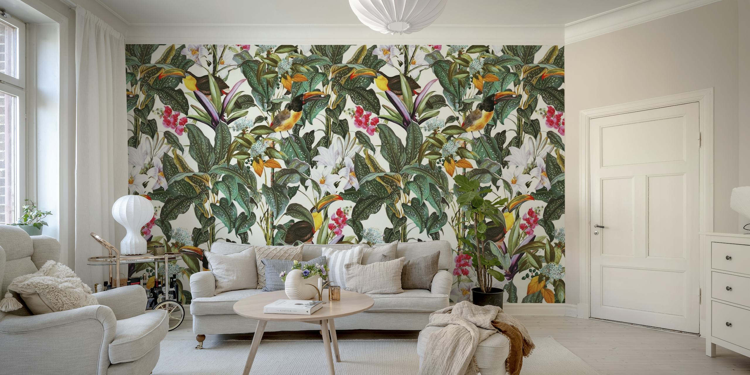 Tropical Toucan Garden wall mural with vibrant toucans and exotic flowers