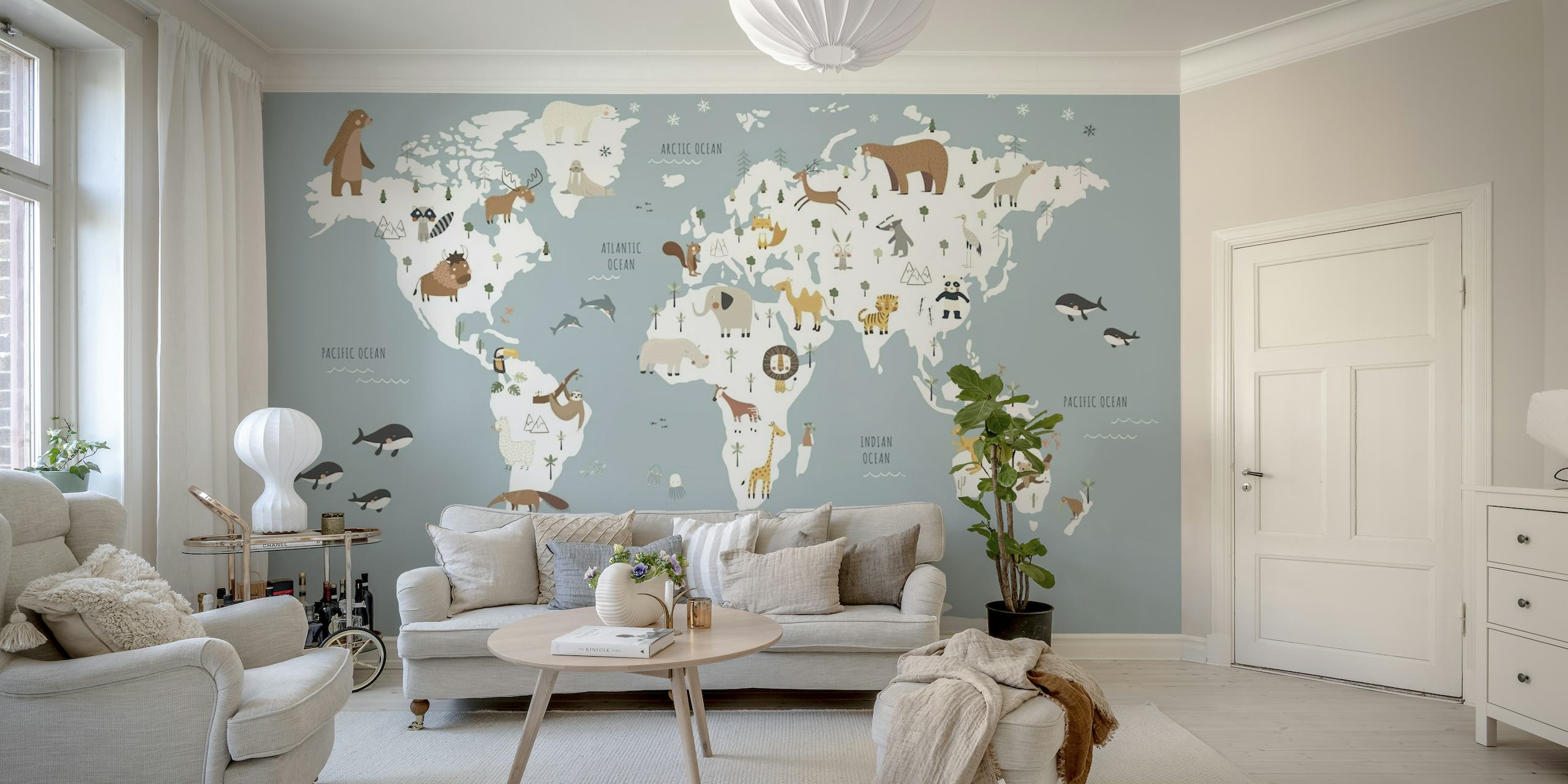 Map with animals mural blue tapet