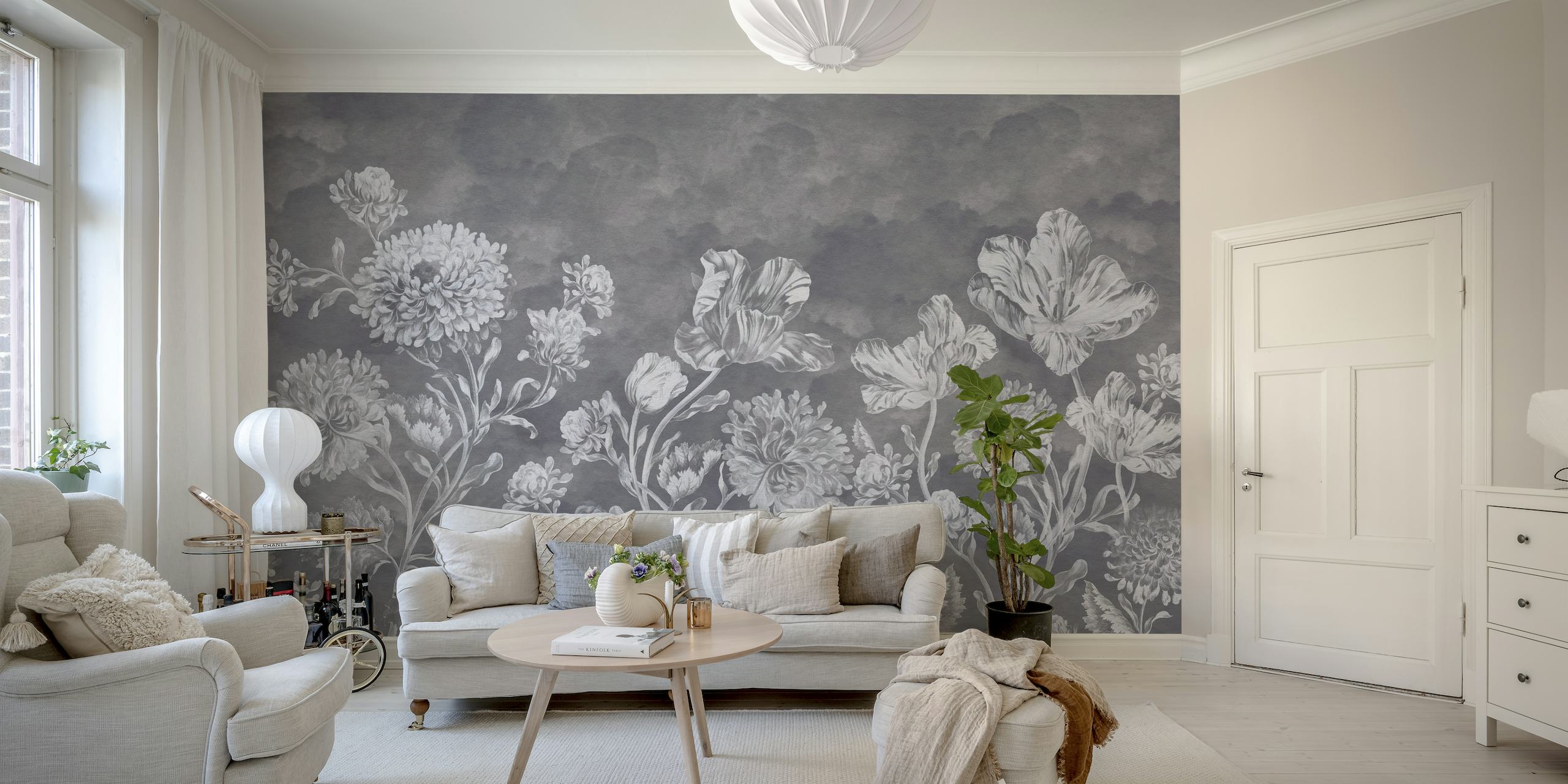 Mural de pared floral de estilo barroco oscuro y cambiante con intrincados diseños florales en escala de grises