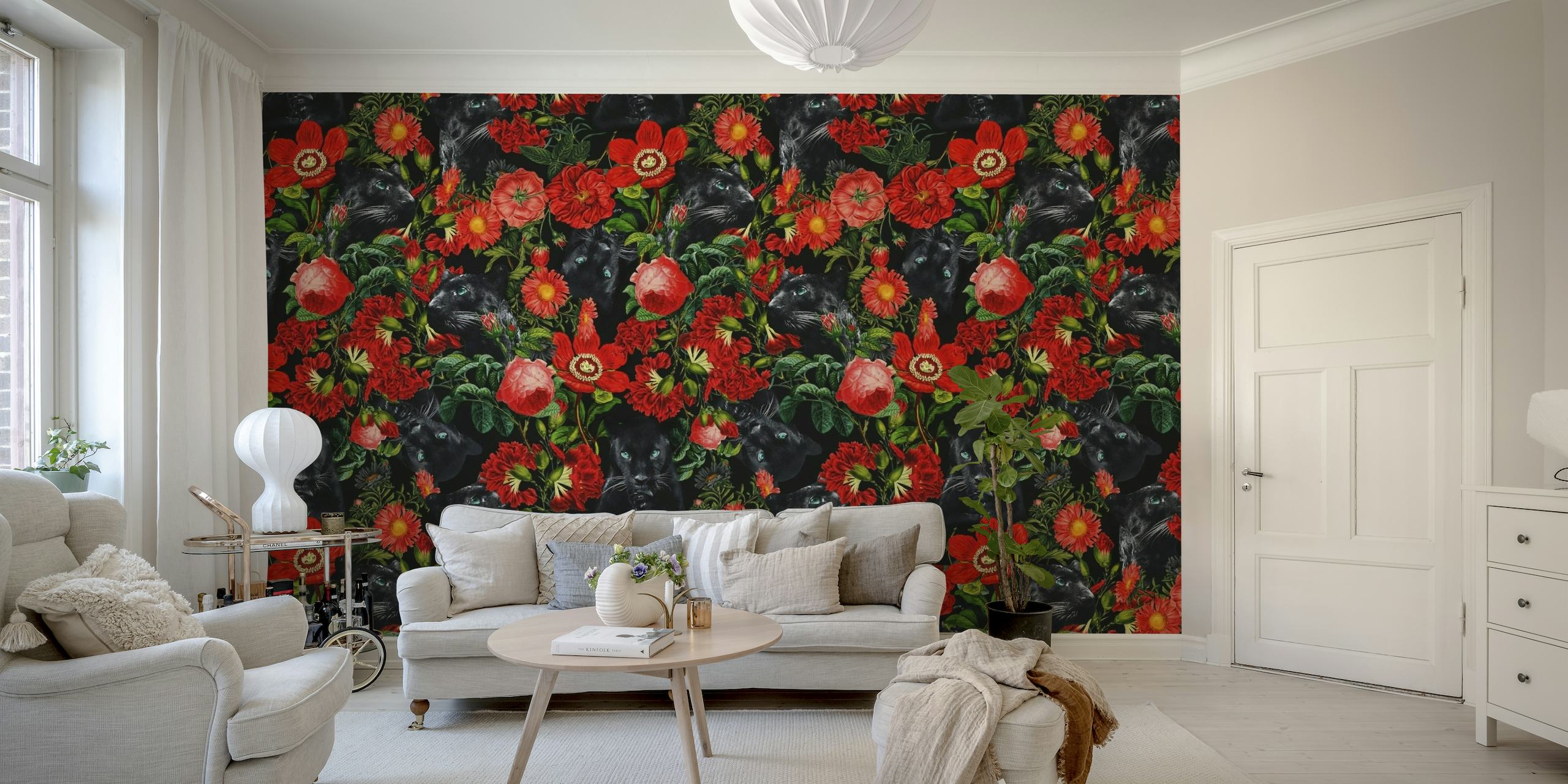 Wall mural with a panther and red floral pattern on a dark background