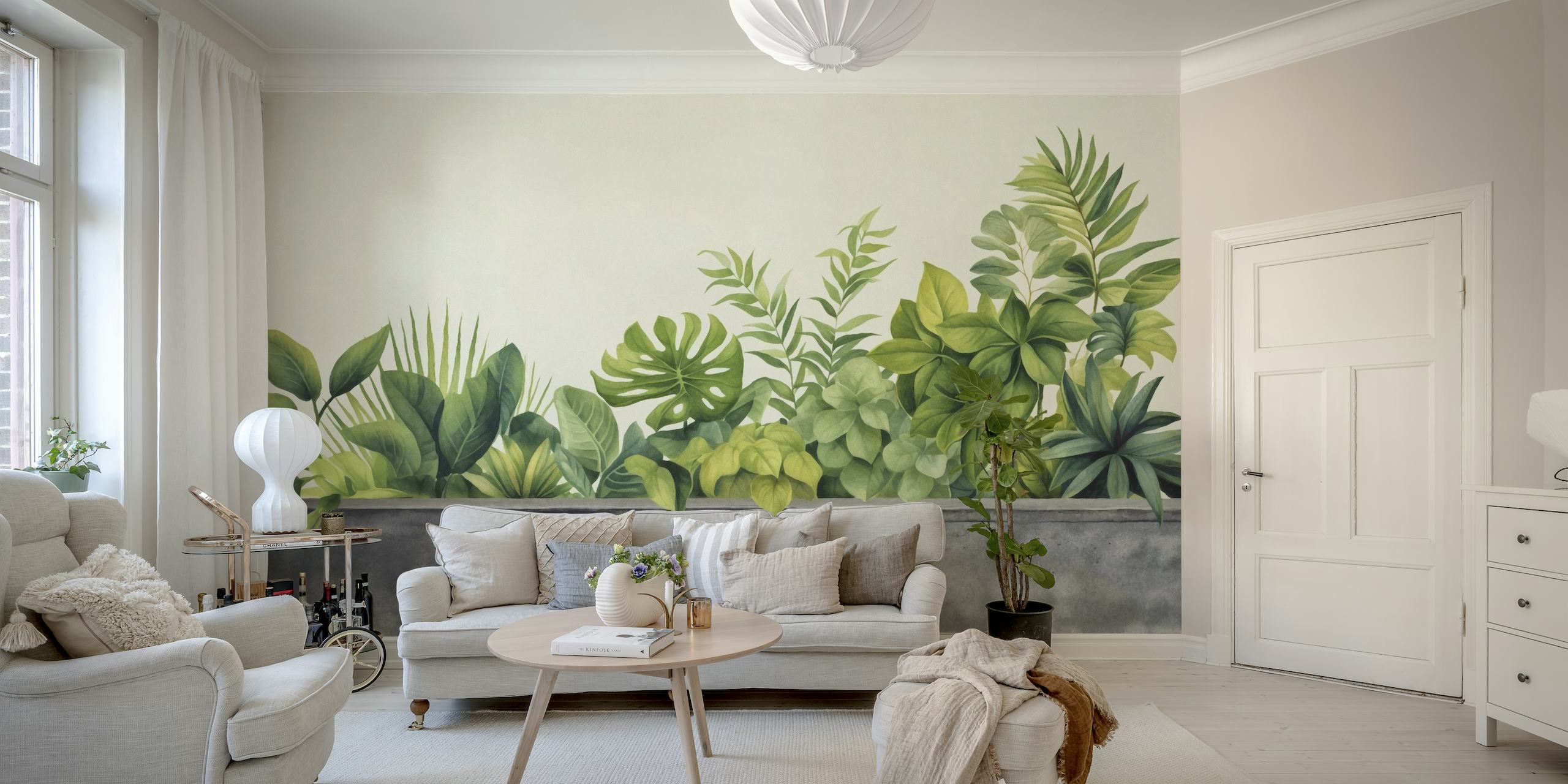 Mural de pared de acuarela verde tropical de jardinería urbana con follaje exuberante sobre fondo gris