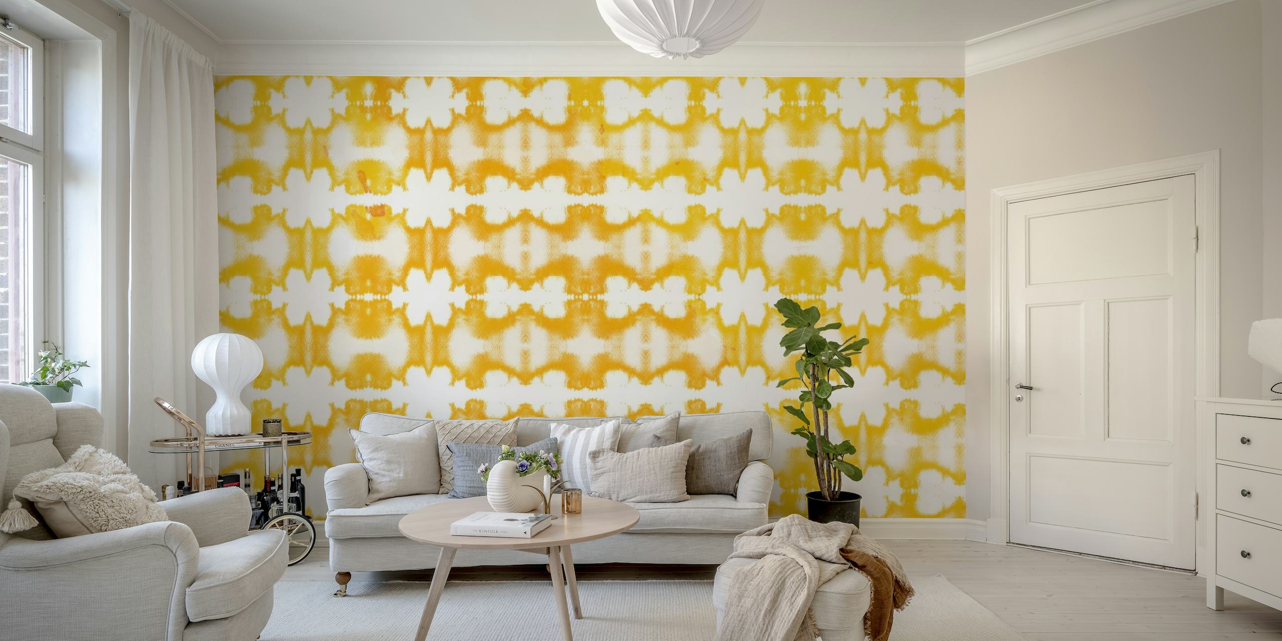 A luxurious gold and white patterned wall mural inspired by Asian culture.