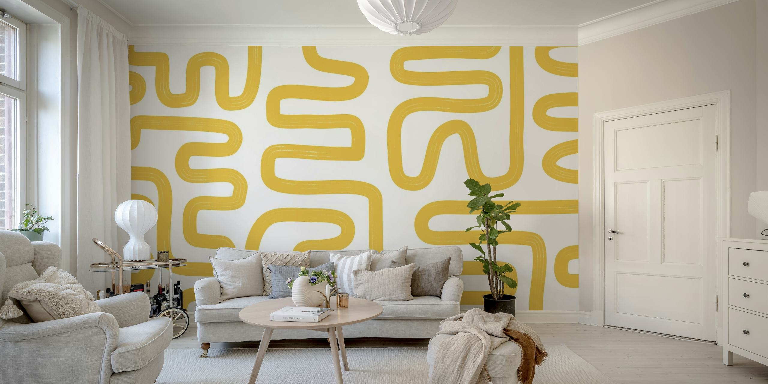 Keltaiset abstraktit viivat valkoisella taustalla seinämaalauksessa