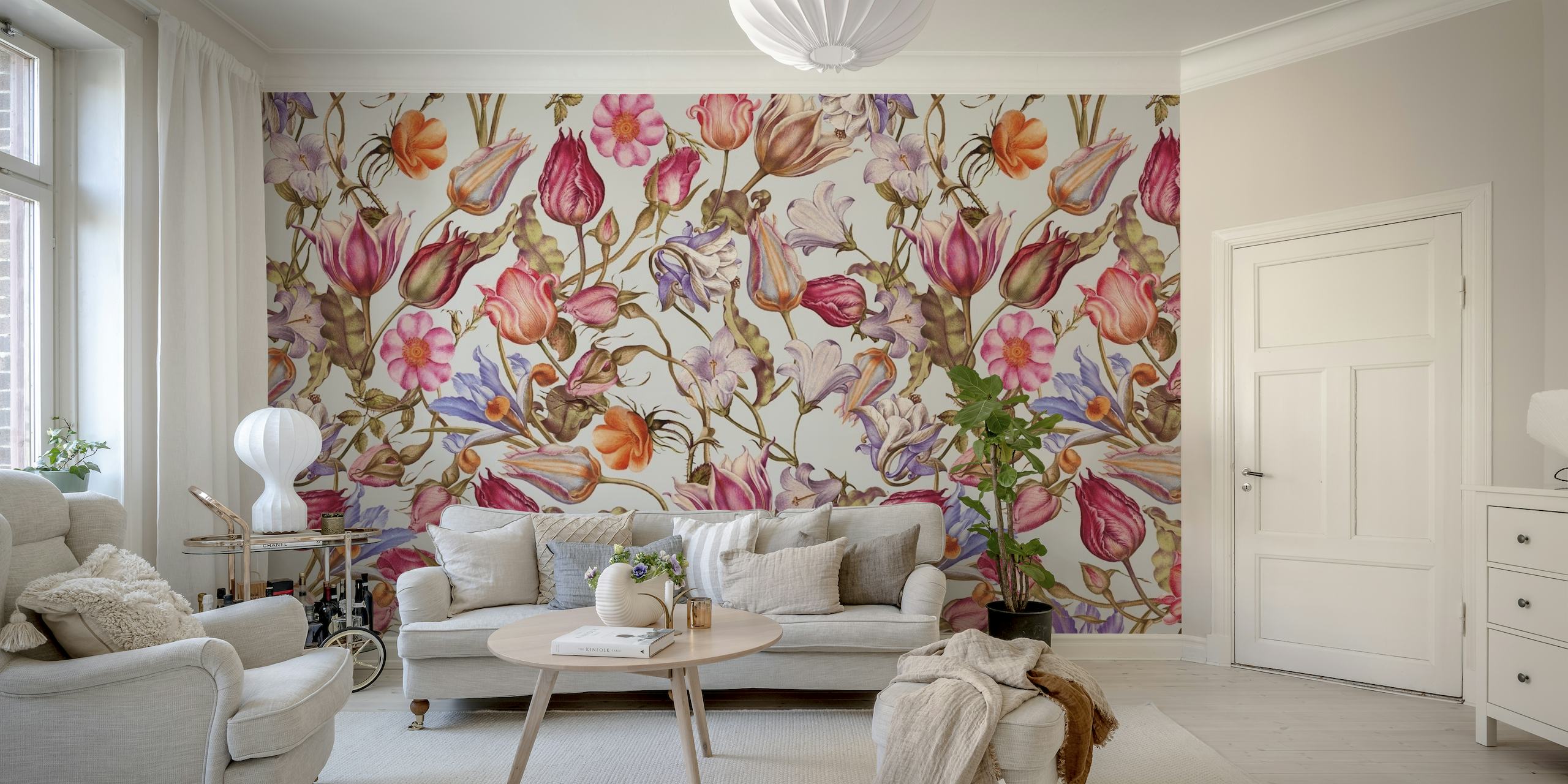 Floral wall mural with summer garden flowers in shades of pink, orange, and purple