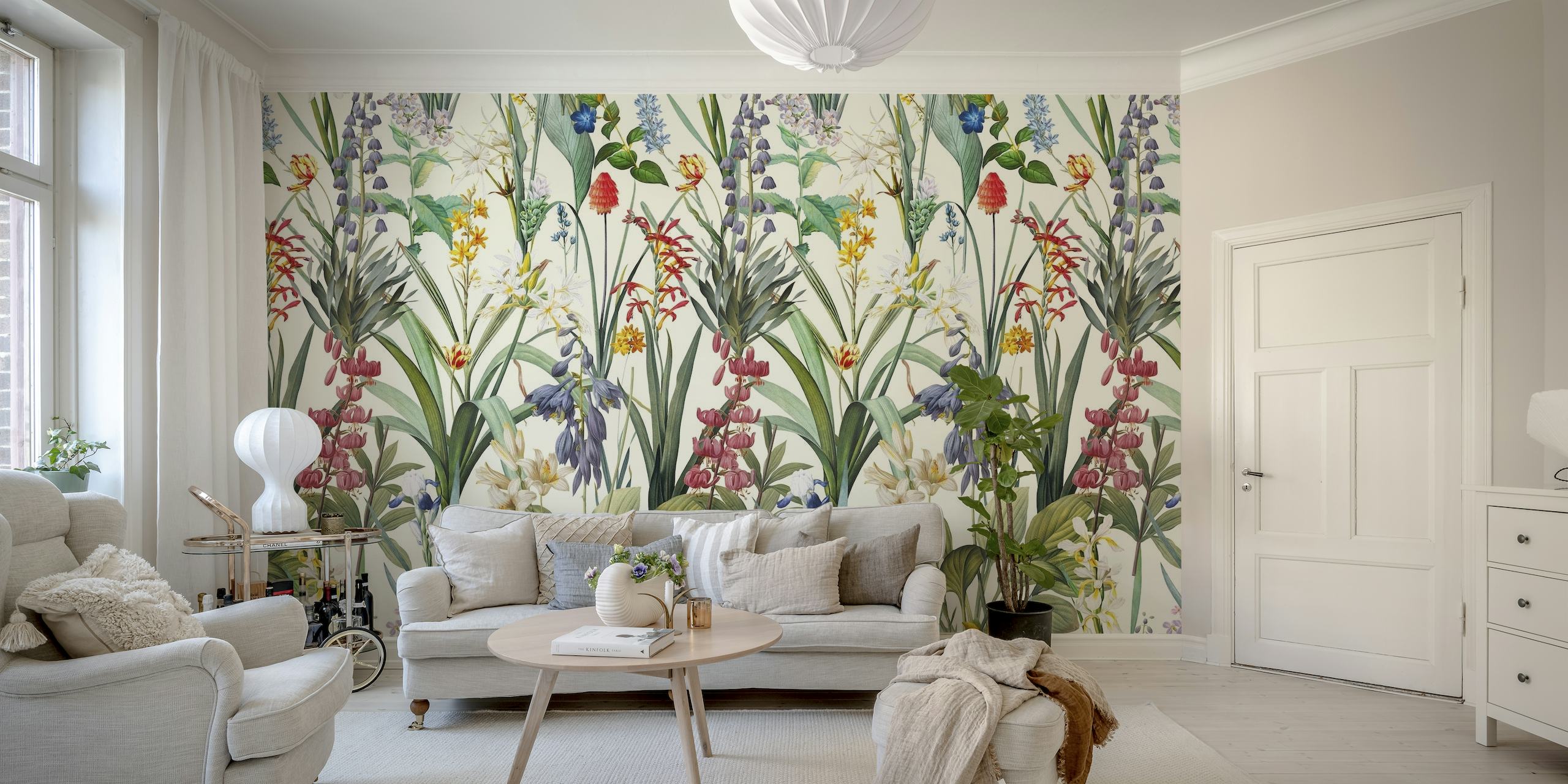Papier peint mural de jardin floral vintage avec un éventail de fleurs épanouies et de verdure
