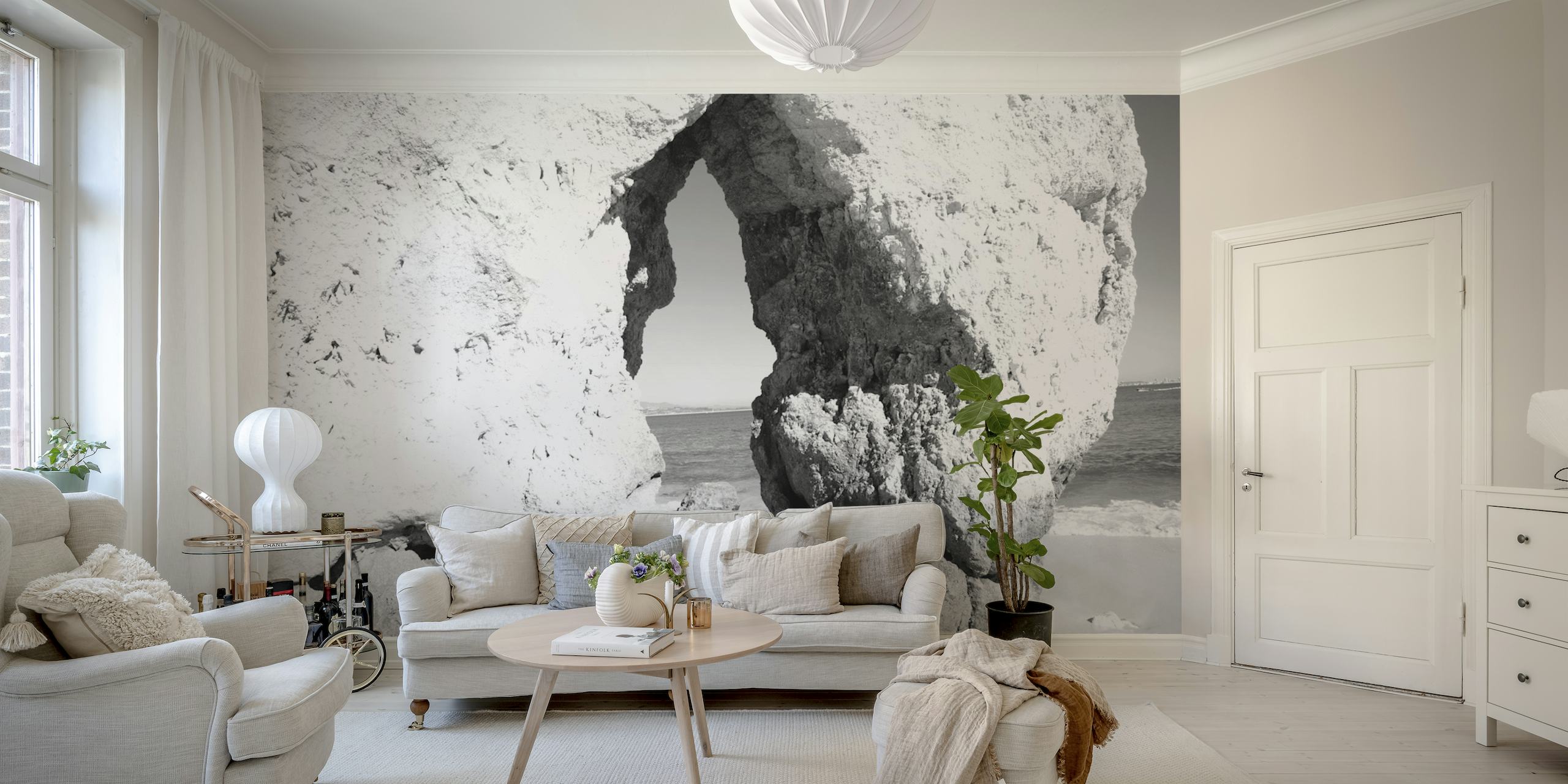 Monochrome wall mural of the natural arch at Camilo Beach in Portugal
