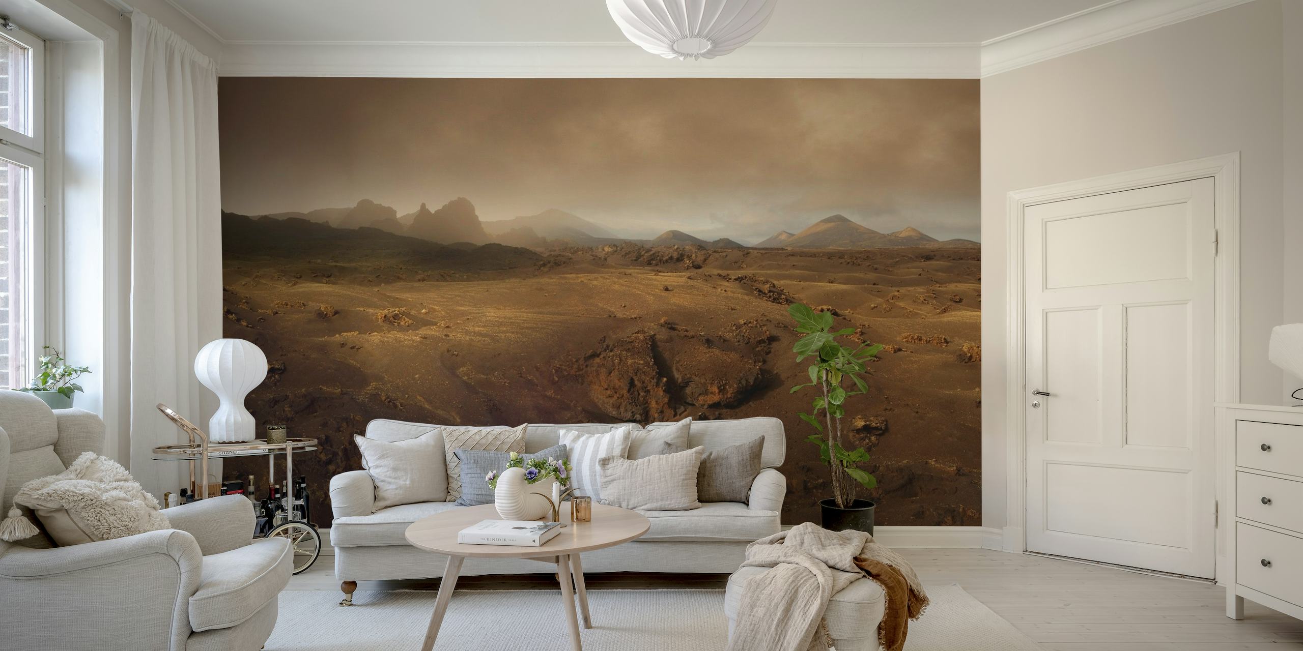 Volcanic landscape wall mural with morning fog