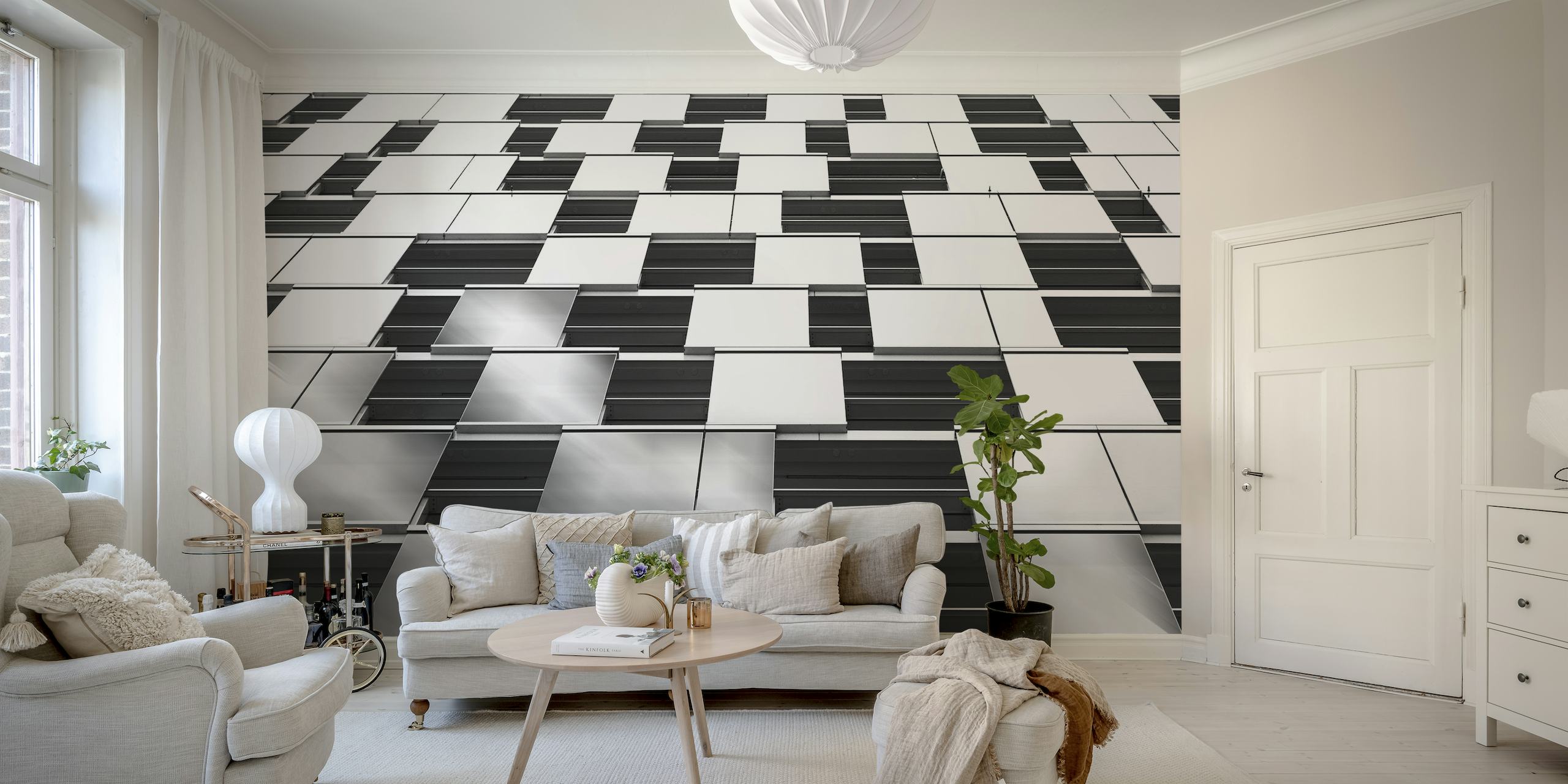 3D illusion svart och vit geometrisk väggmålning