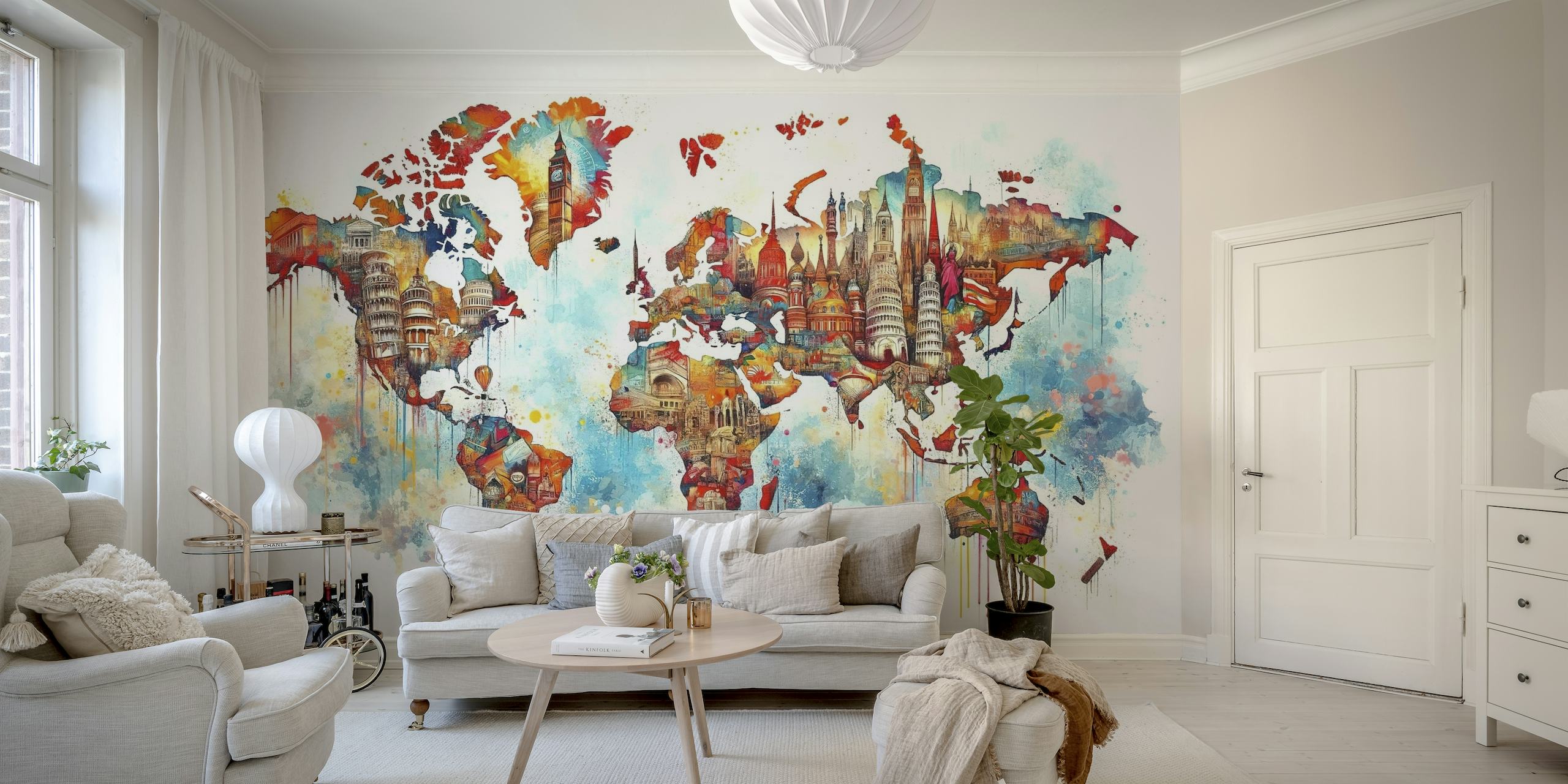 Watercolor World Map Landmarks wallpaper