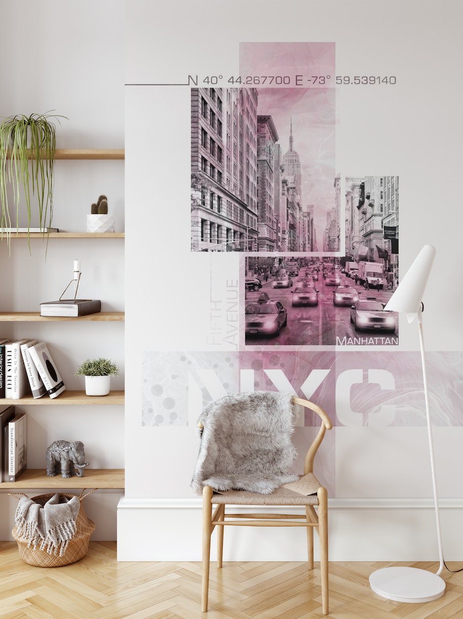NYC Fifth Avenue Traffic pink wallpaper