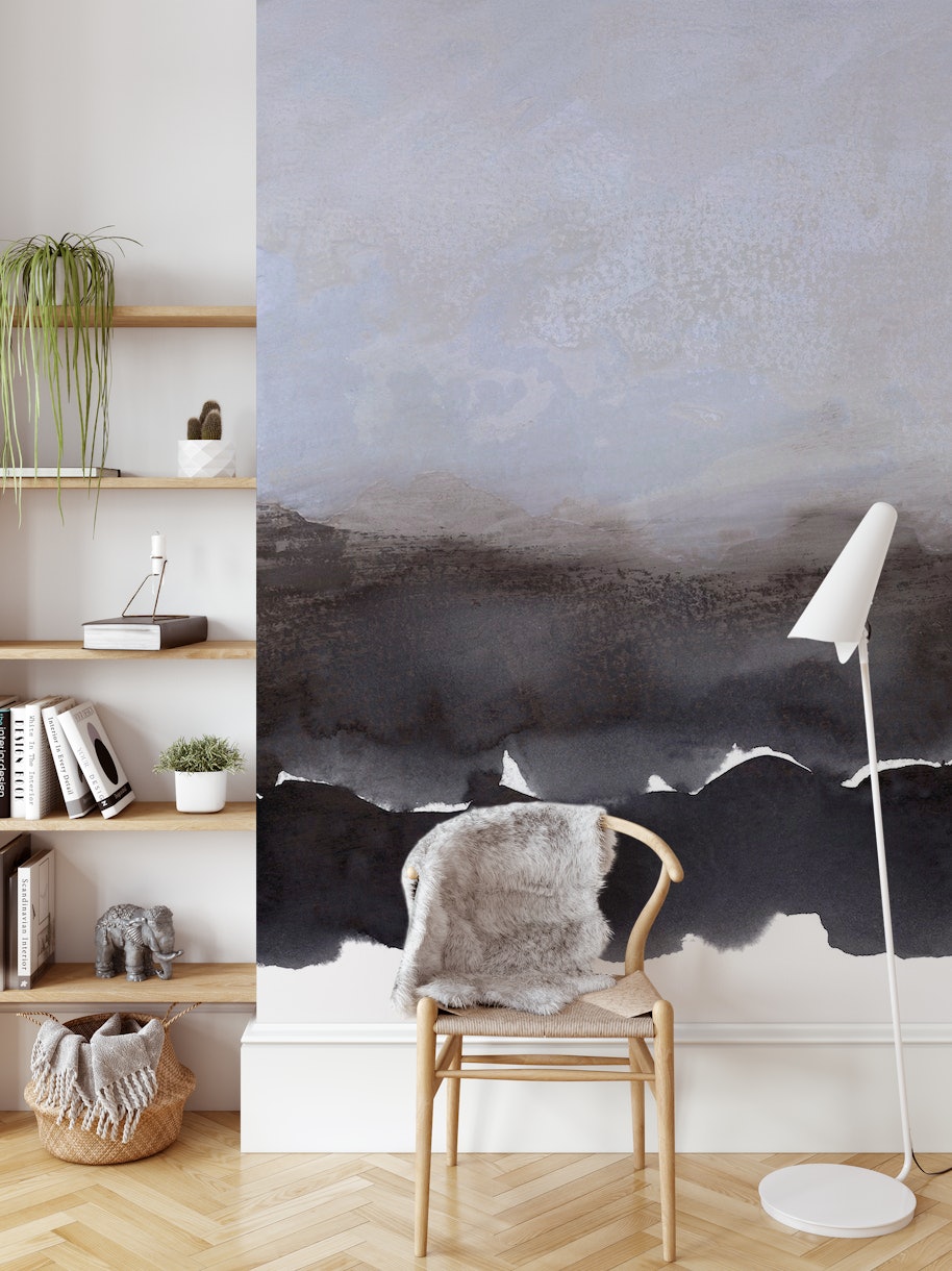 abstract ethereal landscape lilac and dark paynes grey wallpaper