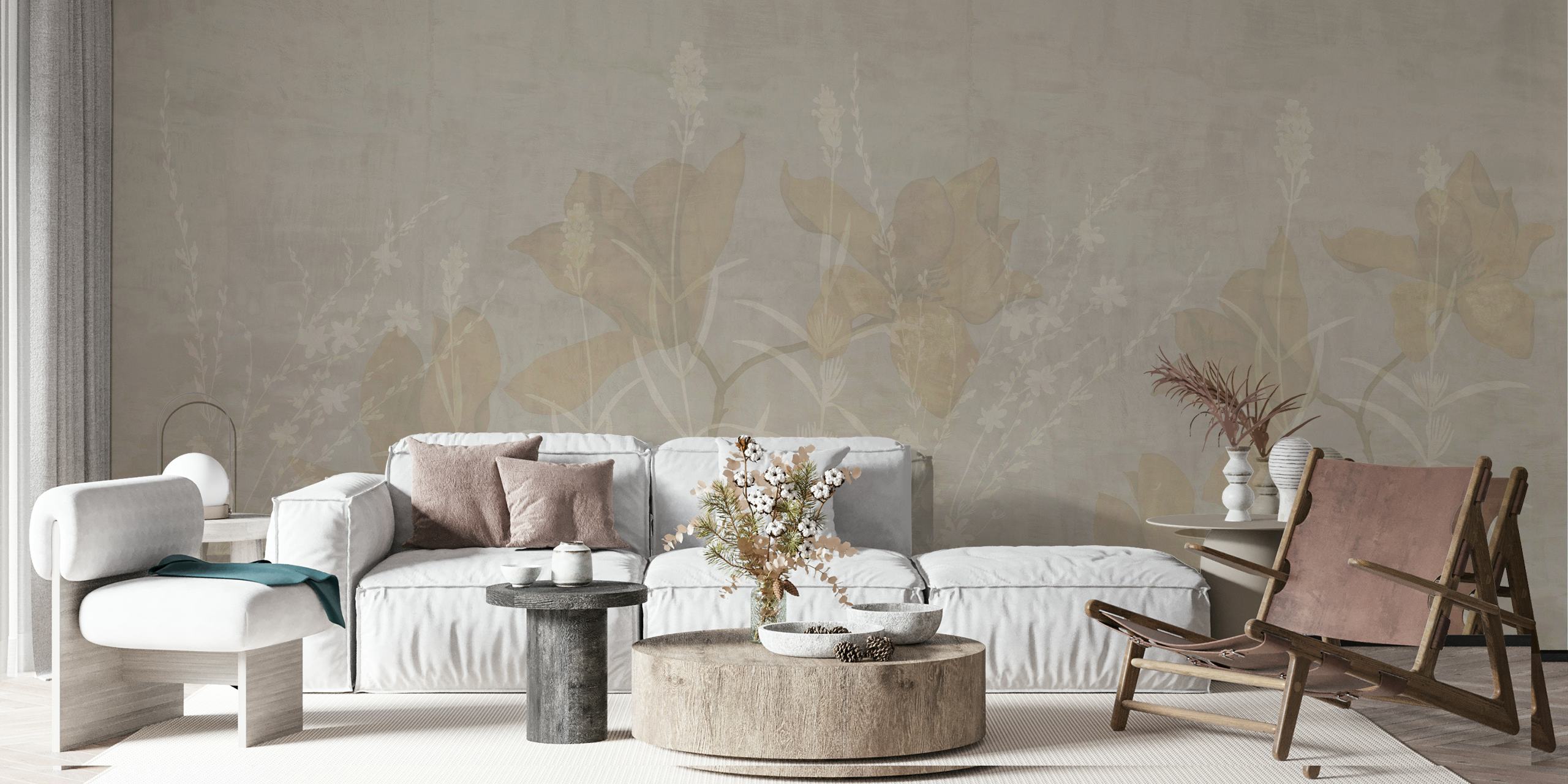 Subtle magnolia flowers on coffee-toned parchment wall mural