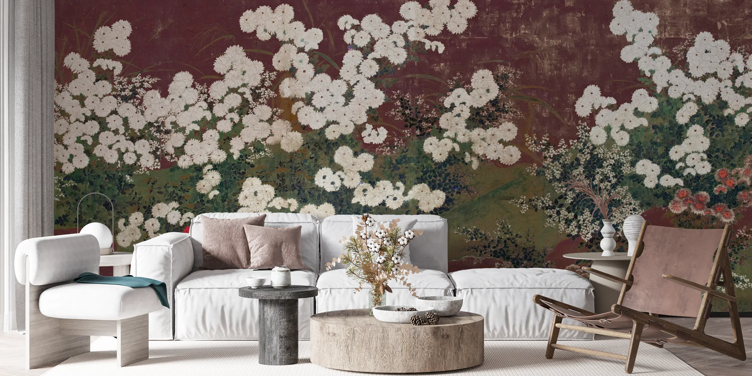 Burgundy Floral Wallpaper for Living Room