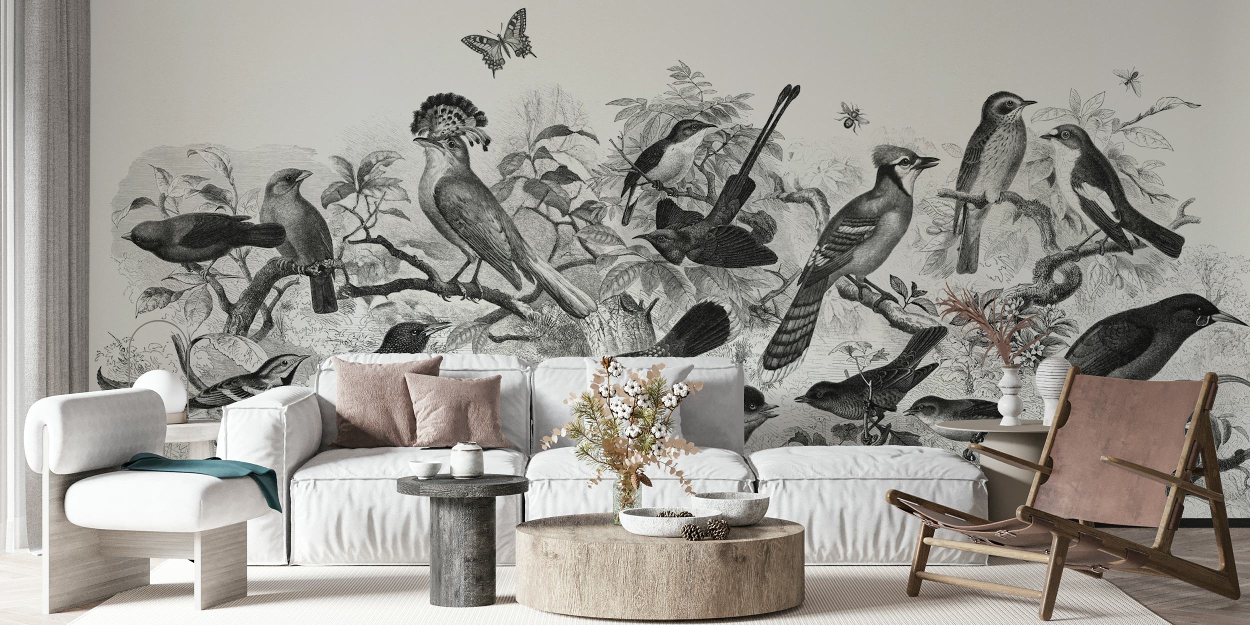 Forest birds black and white wallpaper design