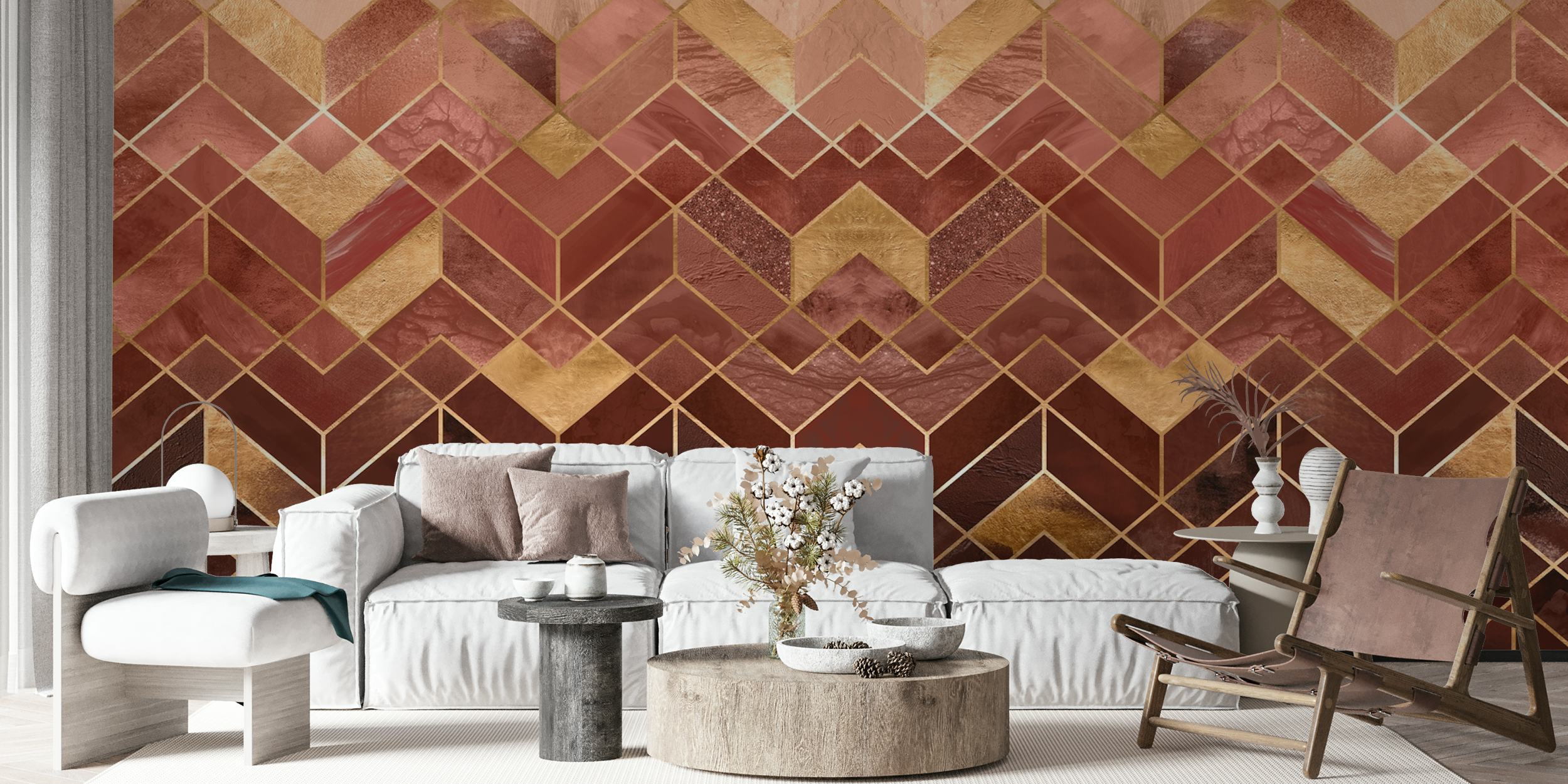 Geometric terracotta and gold pattern wallpaper