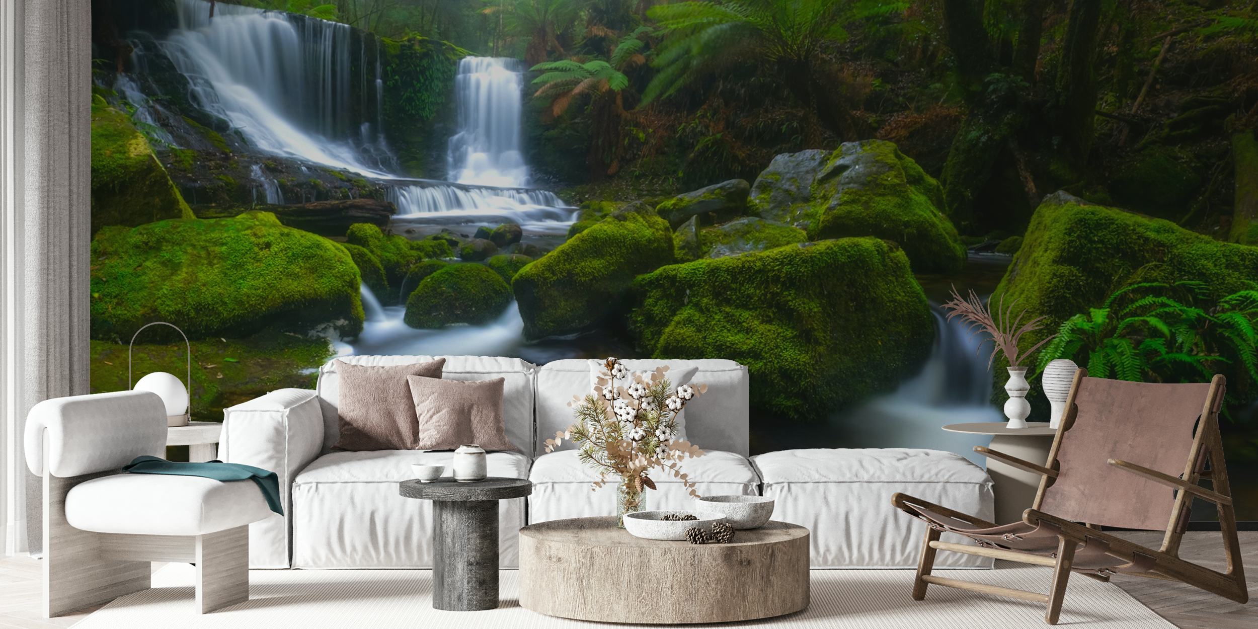 Horseshoe-shaped waterfall with lush greenery wall mural