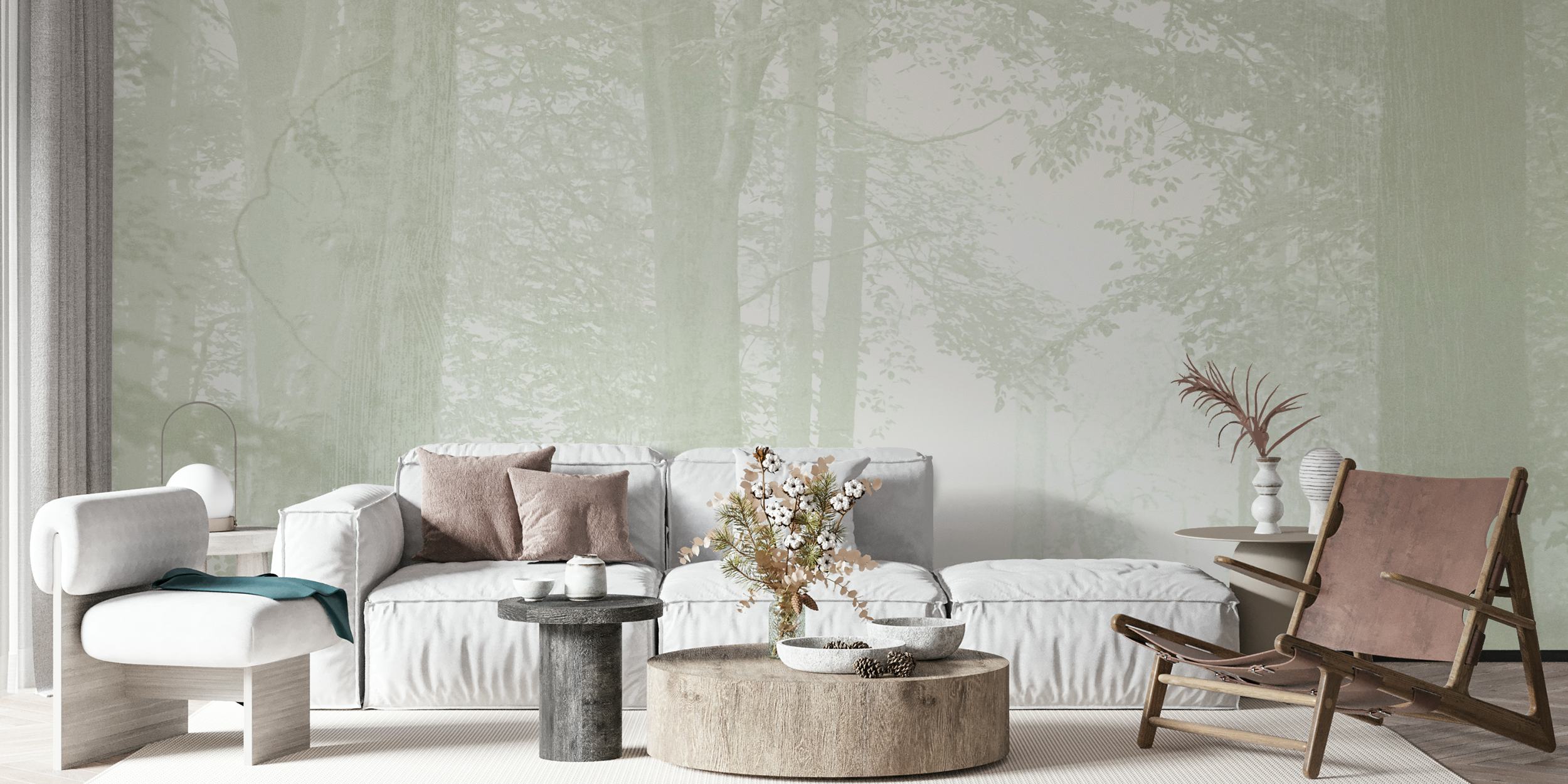 Ethereal trees in soft gray tones with misty background wallpaper.