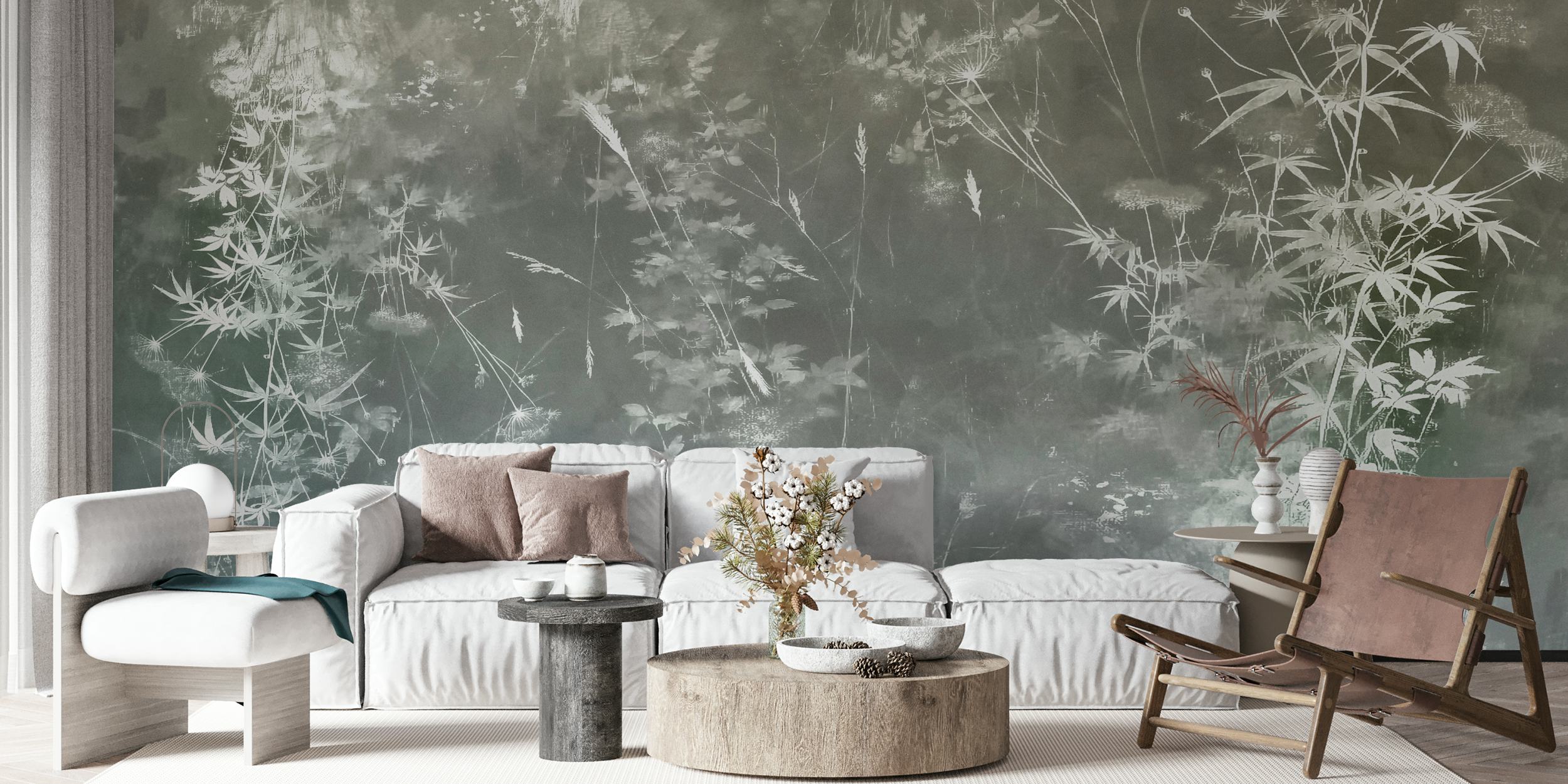 Gray and white floral botanical wallpaper with delicate plants