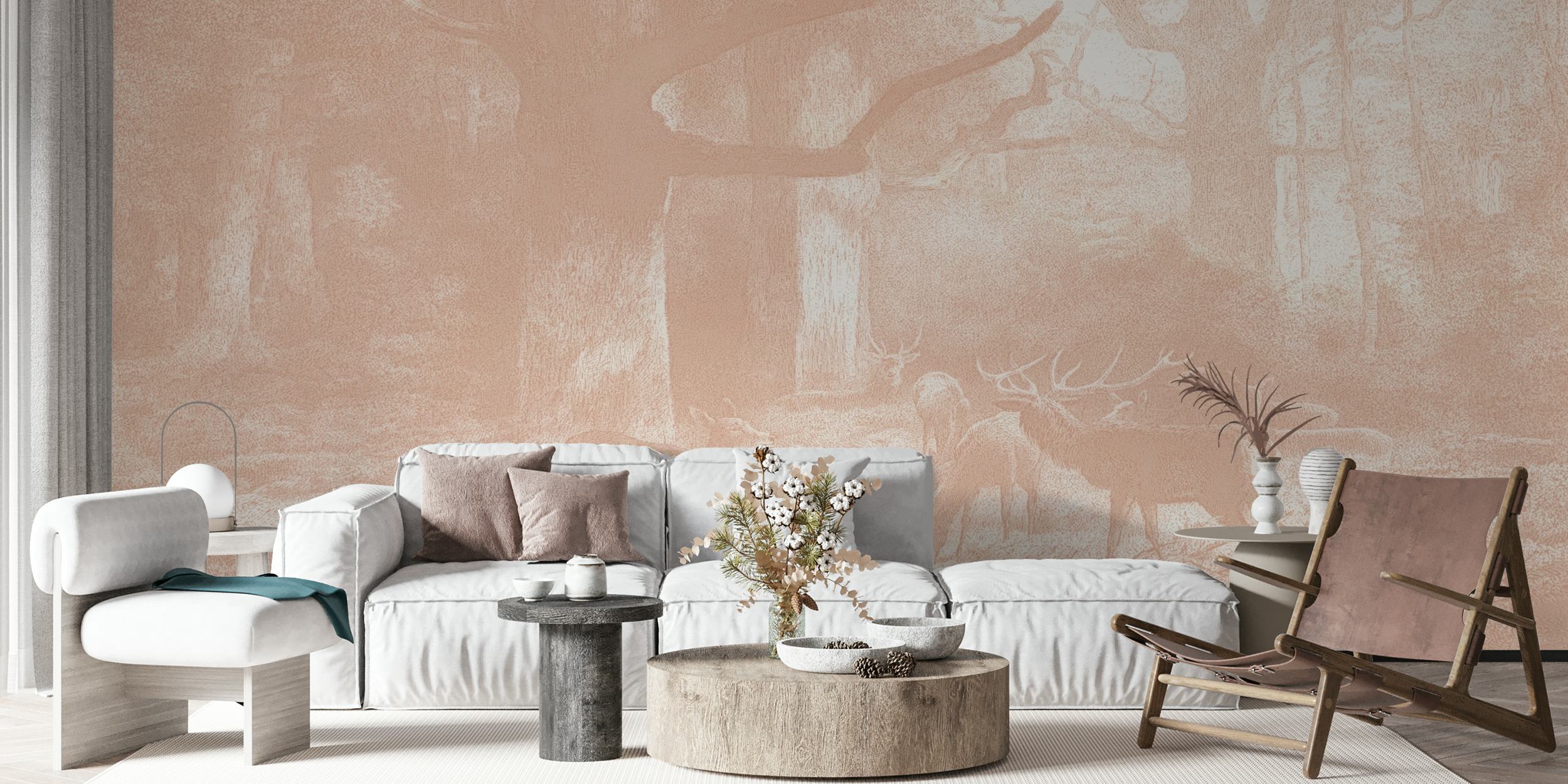 Deer grazing in a vintage forest scene with pale colors wallpaper