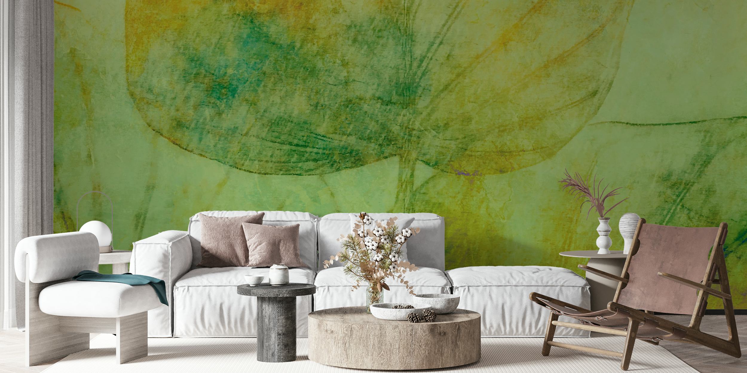 Oversized green leaf patterns on a textured background wallpaper
