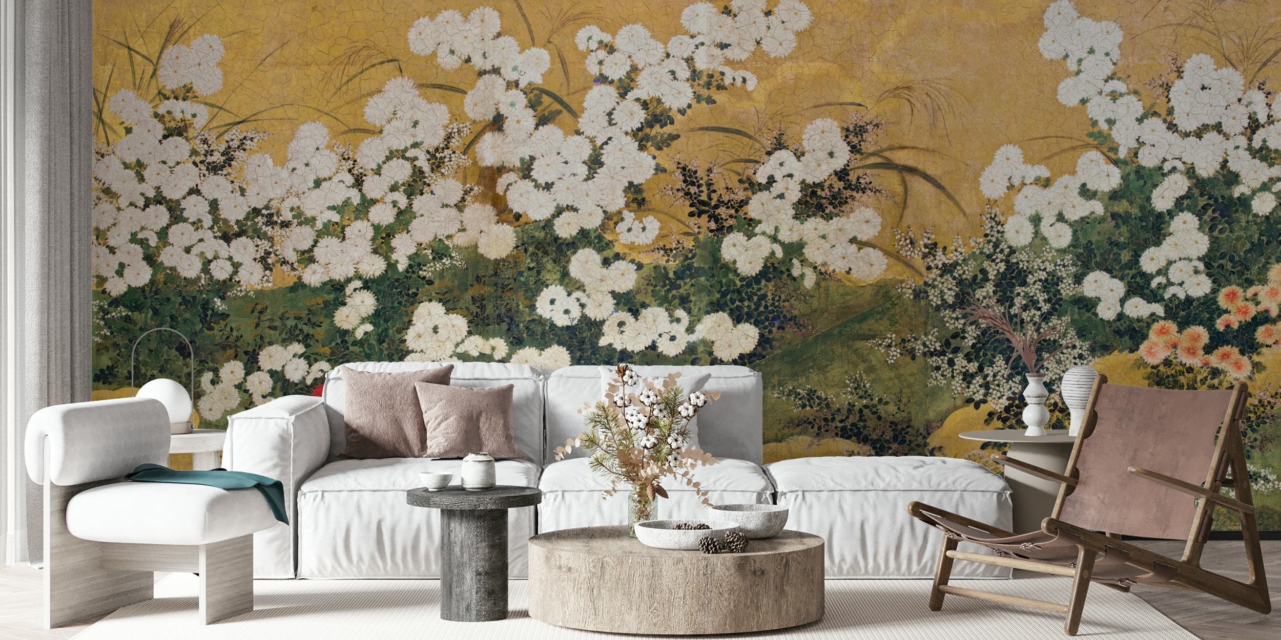 Golden background with white and red chrysanthemum flowers wallpaper