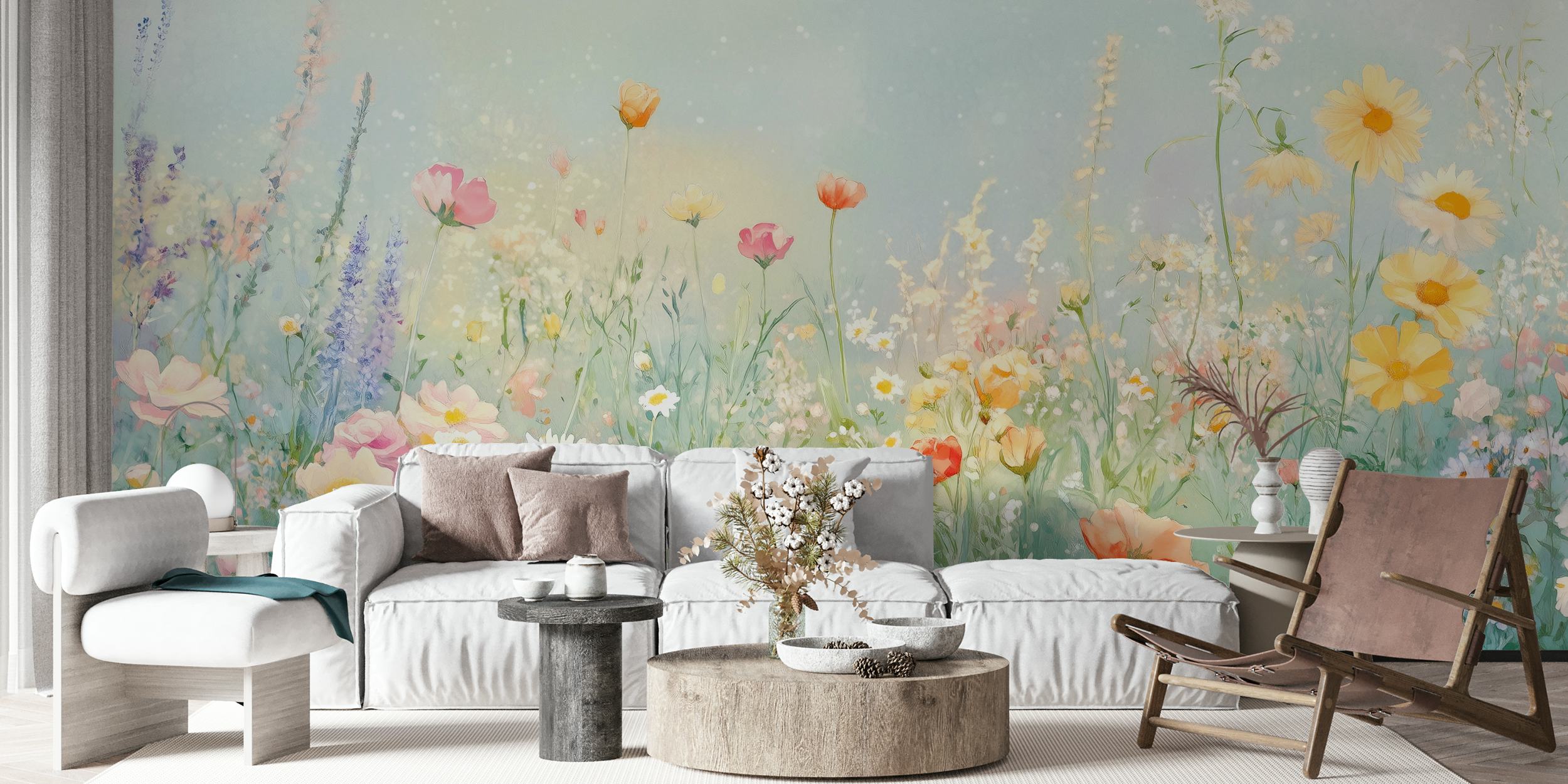Colorful flowers in a blooming meadow; watercolor wallpaper