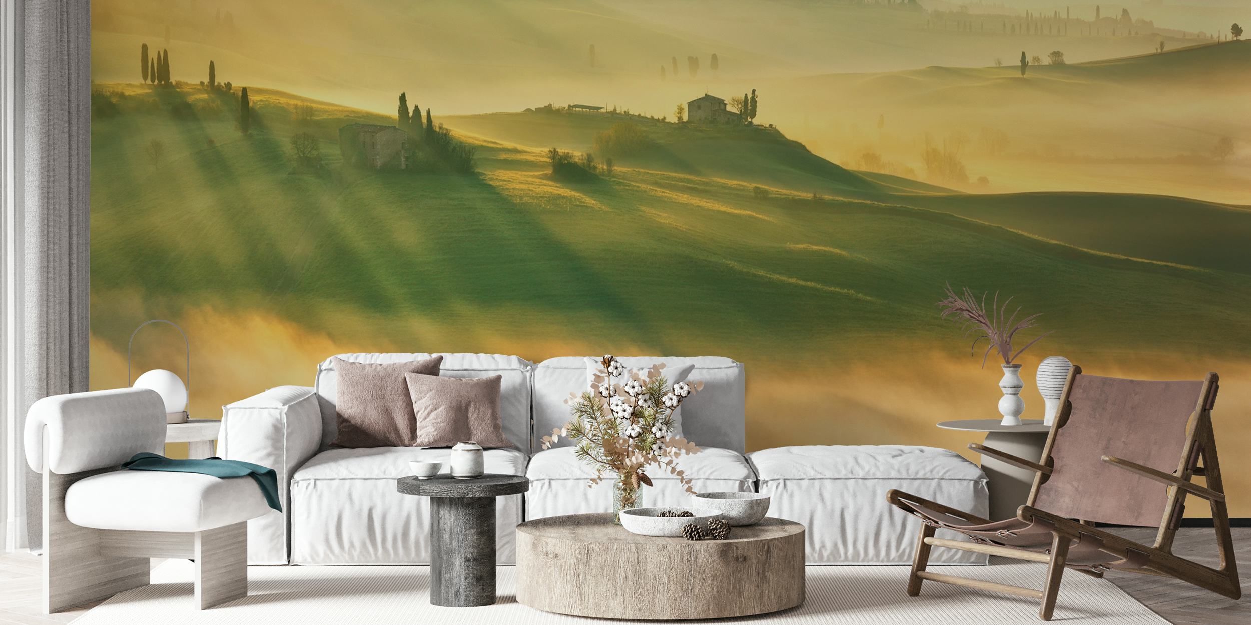 Foggy valley landscape with rolling hills and distant house wallpaper