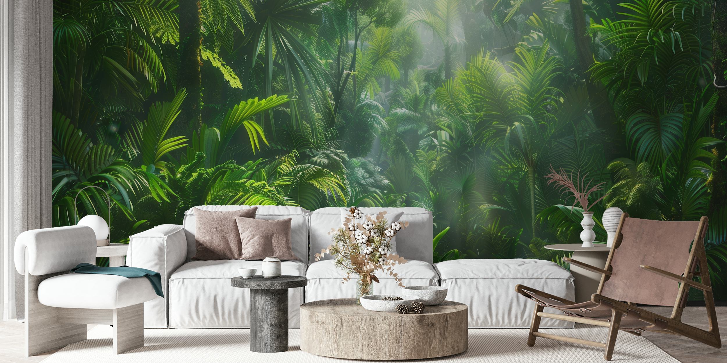 Lush green tropical jungle foliage wallpaper