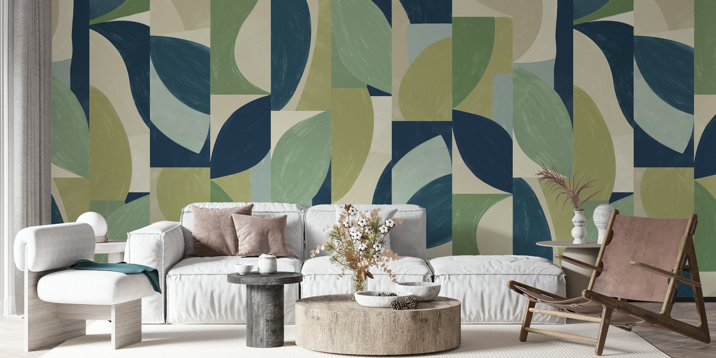 Geometric leaf patterns in earthy tones of green and navy wallpaper