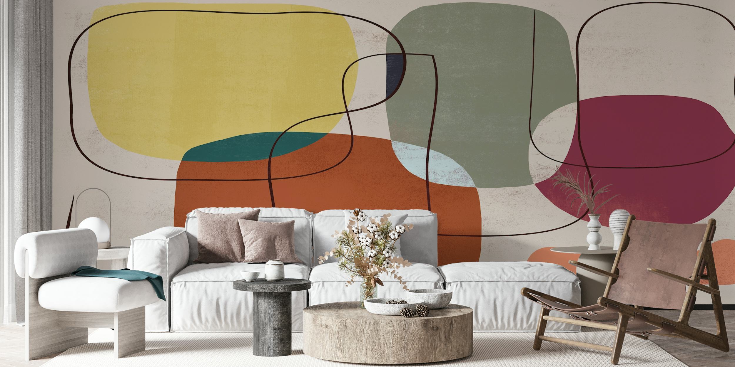 Papel de parede Colorful Mid-Century Art em um quarto