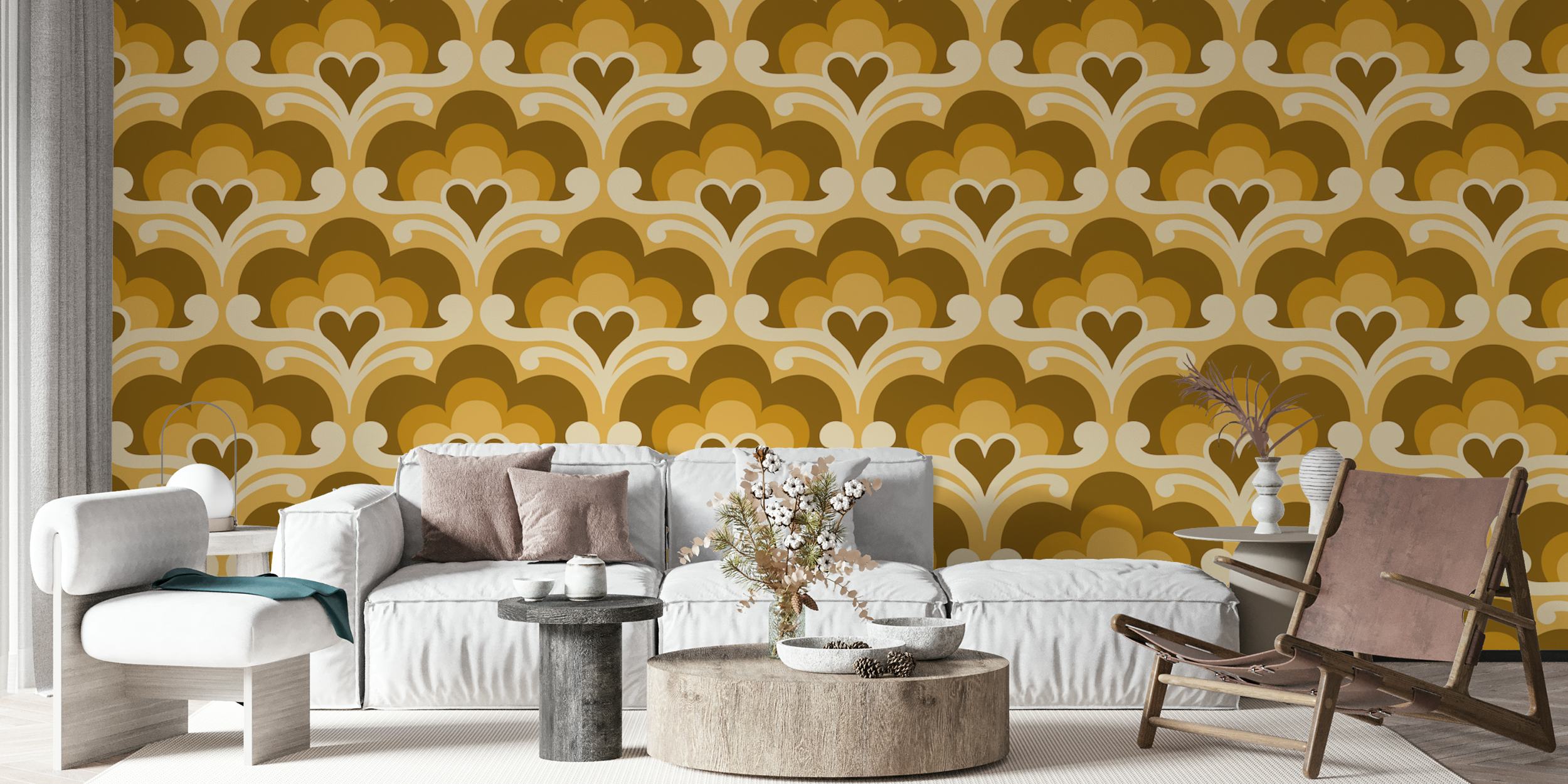 Golden Retro Blossoms wallpaper in a room