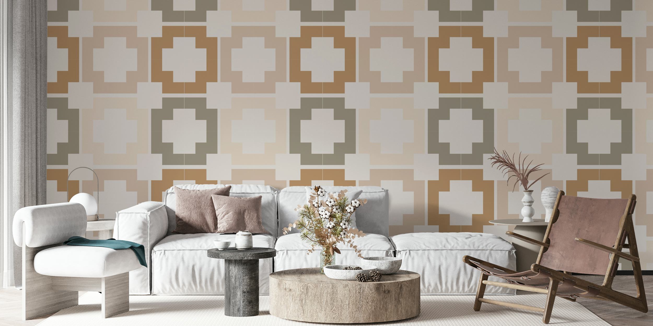 Geometric pattern in brown, beige, and cream colors wallpaper