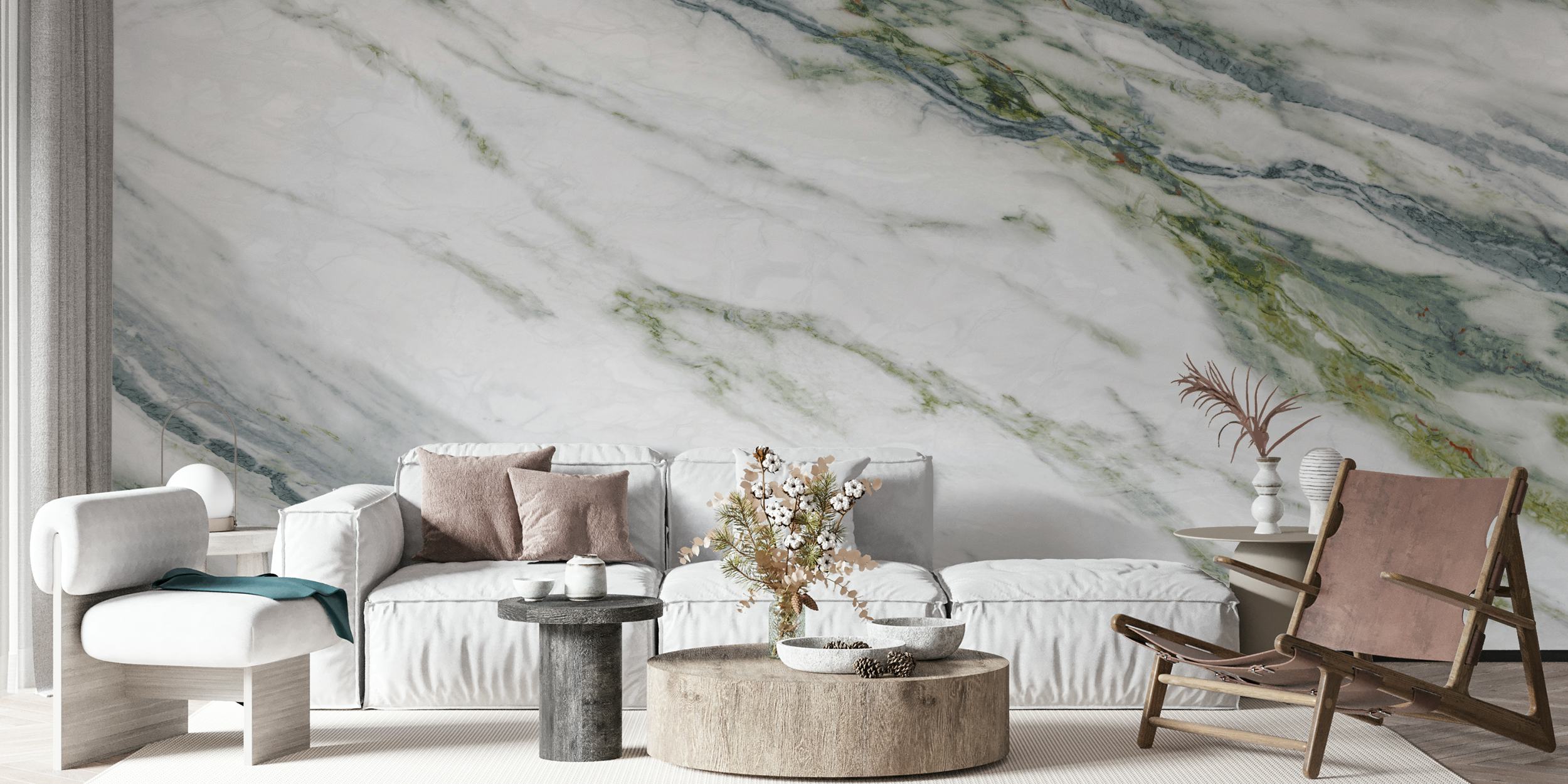 Calacatta Verde marble pattern wallpaper featuring white and green veining.