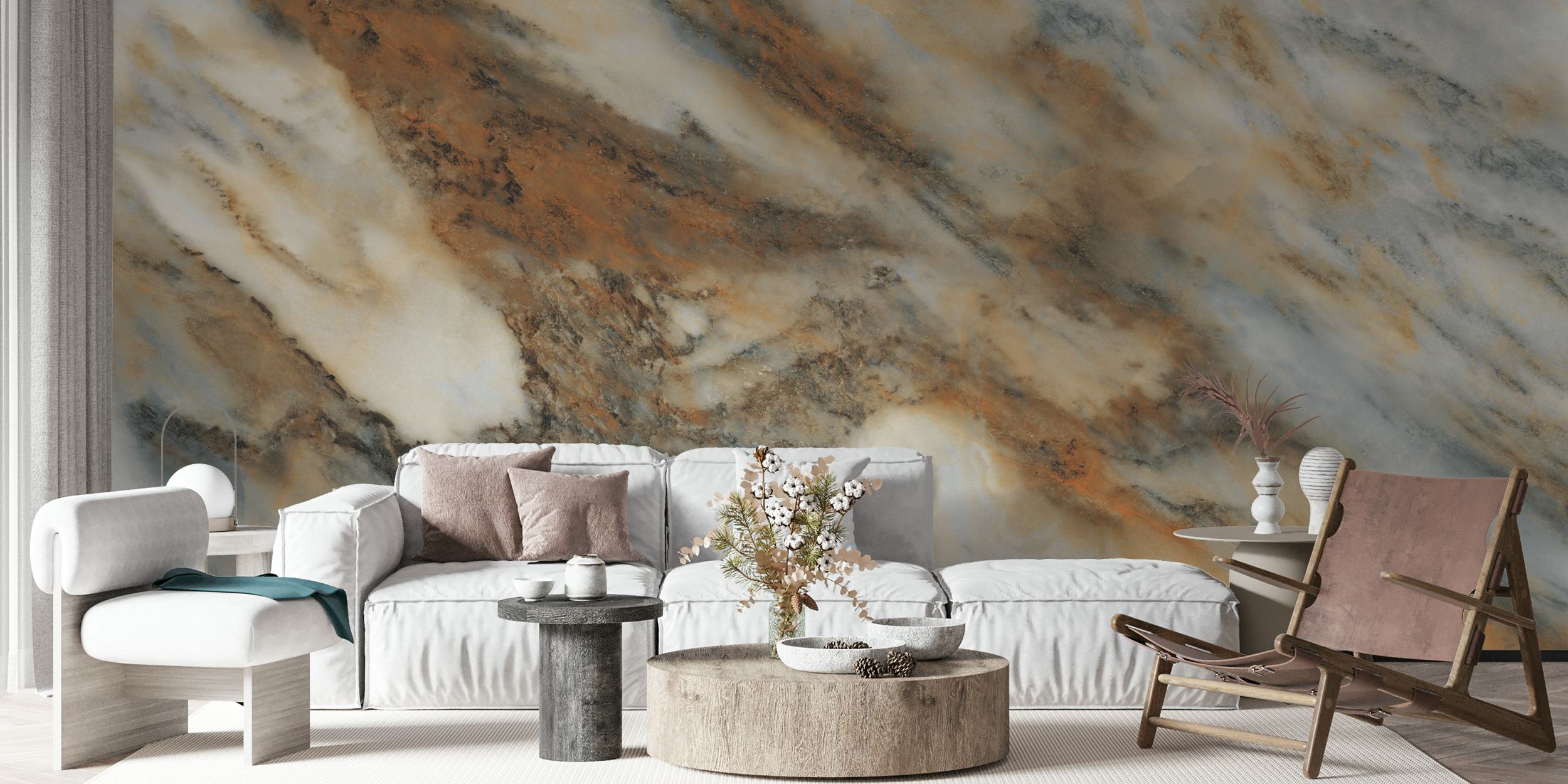 Marble wallpaper in soft gray and warm gold tones with stone patterns