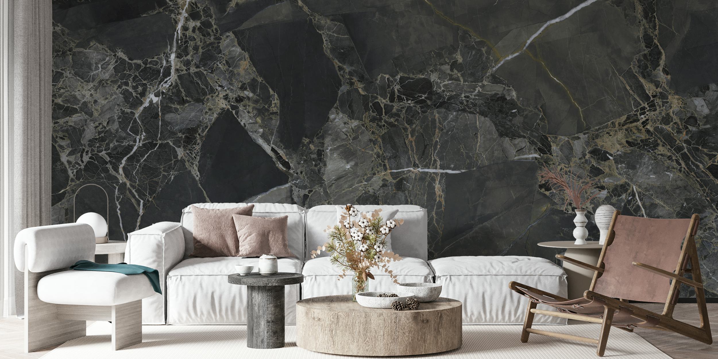 Black and gold marble pattern wallpaper with rich textures.