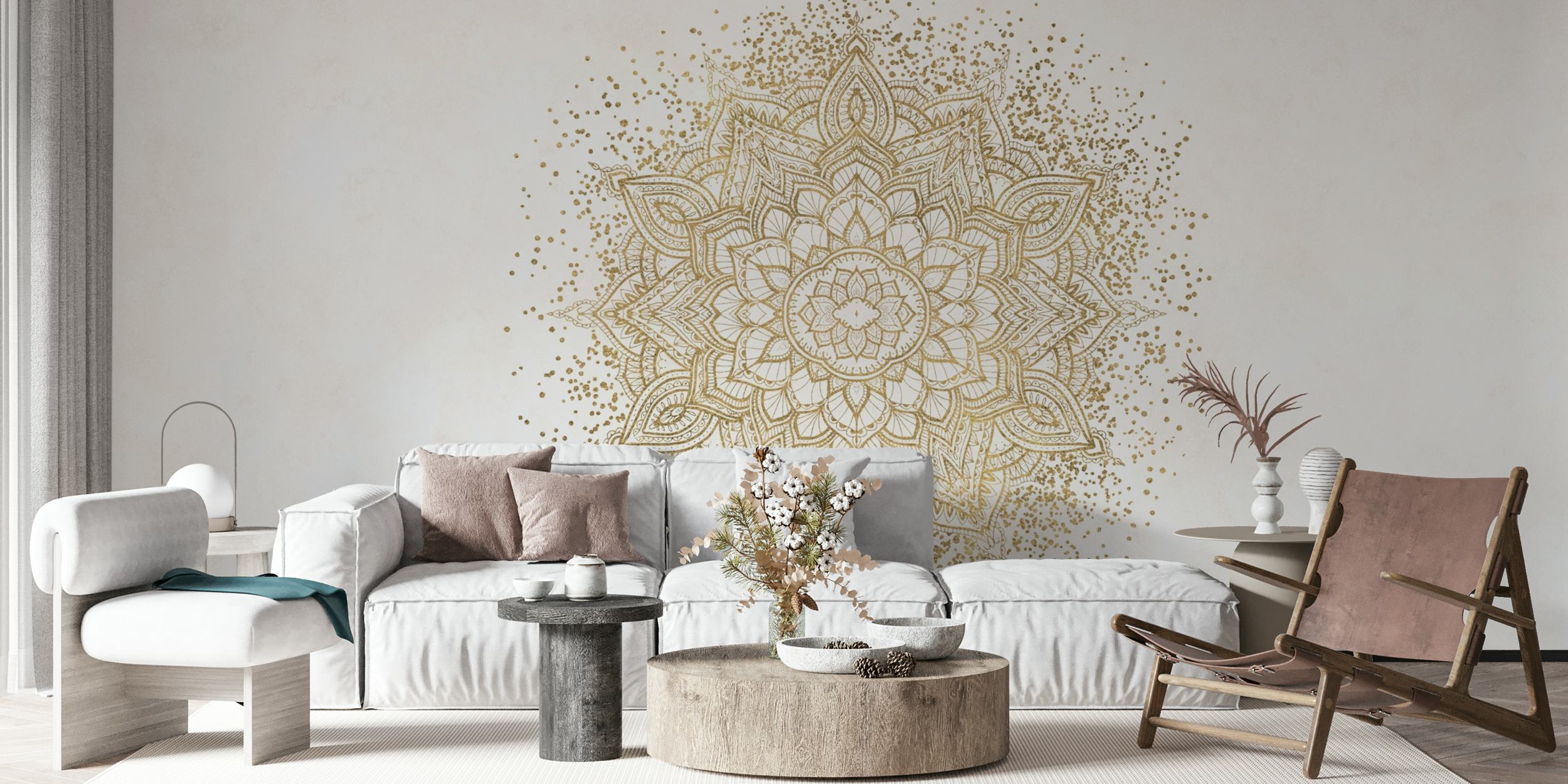 Golden sparkling mandala behang in een kamer