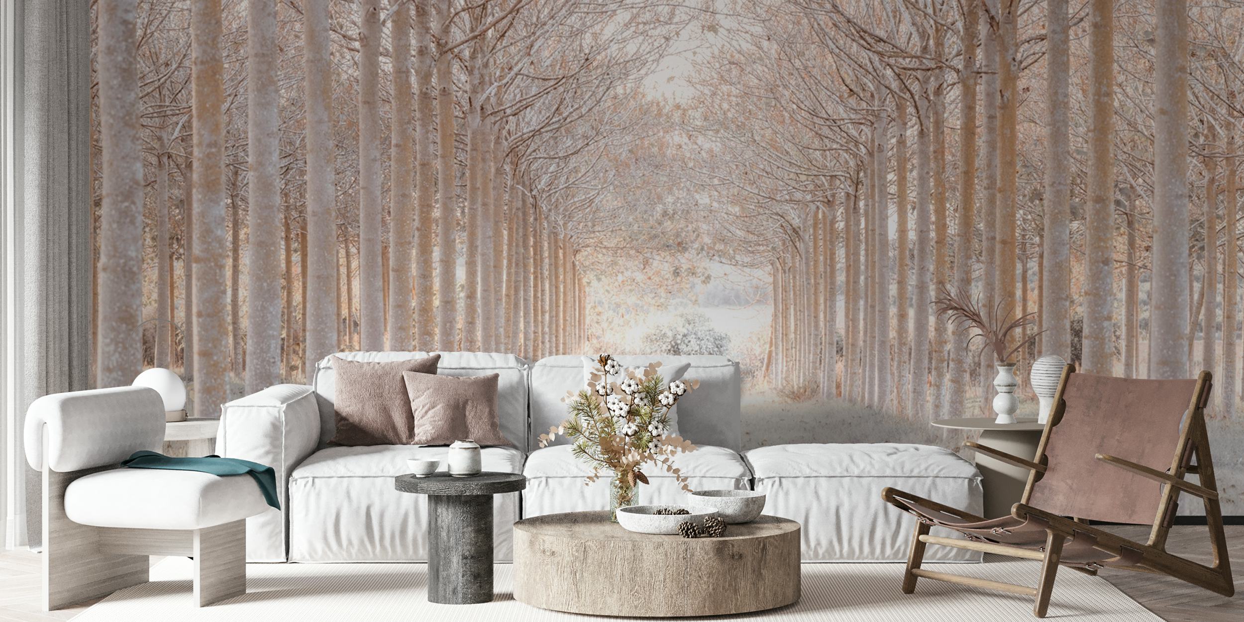 Winter forest wallpaper in a room