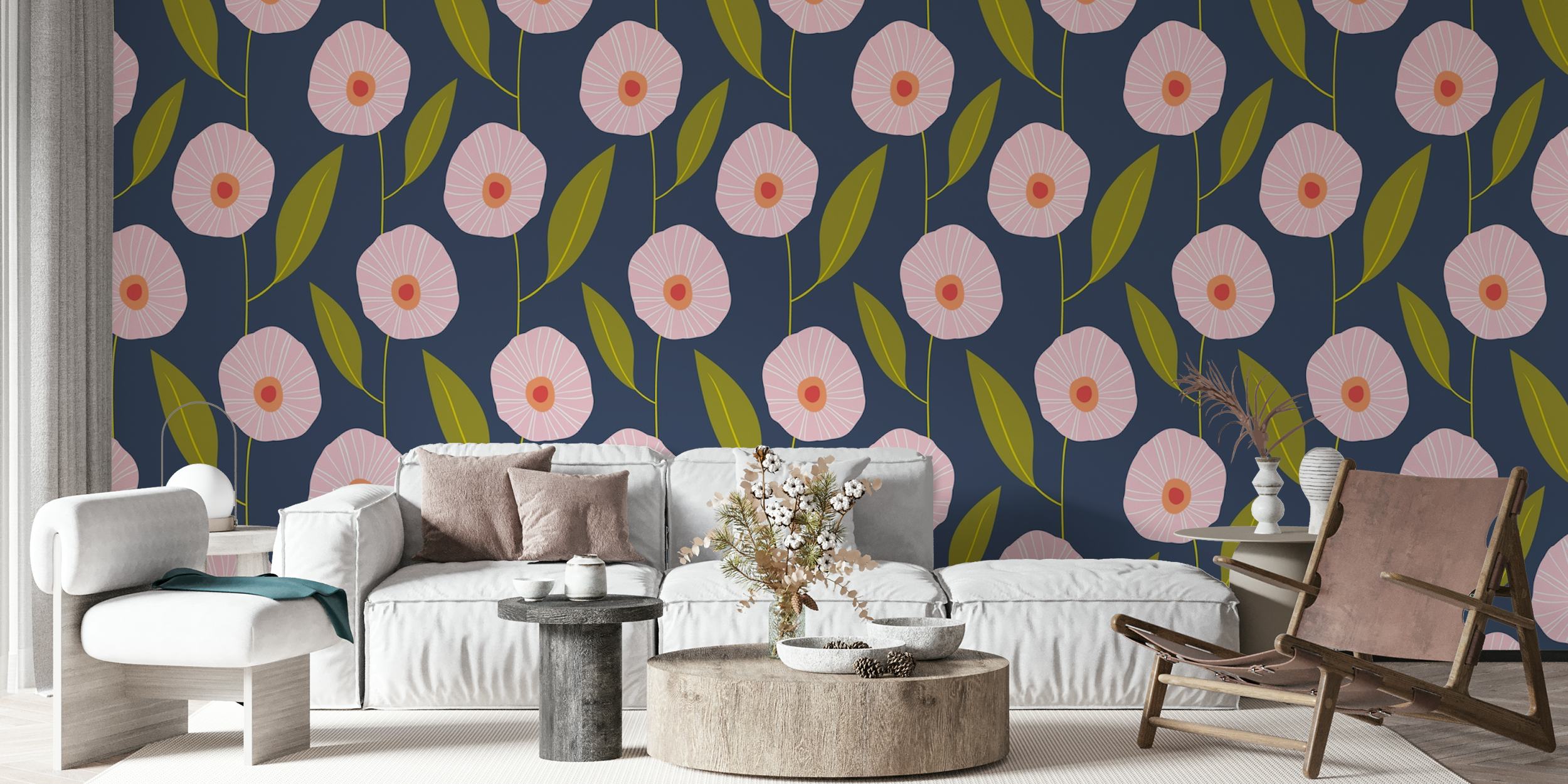 Pink flowers with green leaves on a dark blue background wallpaper