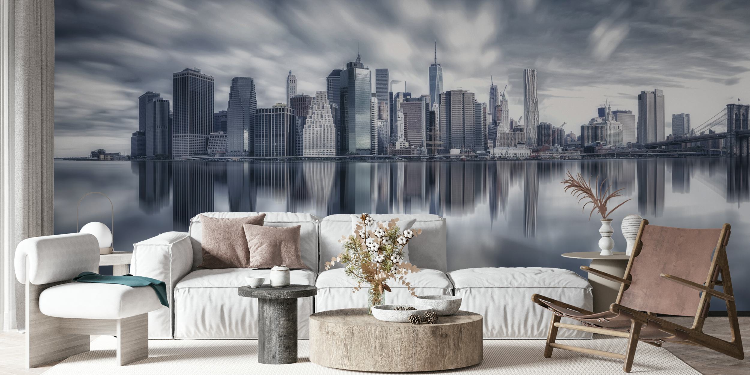 City skyline silhouette reflecting on water at dusk wallpaper
